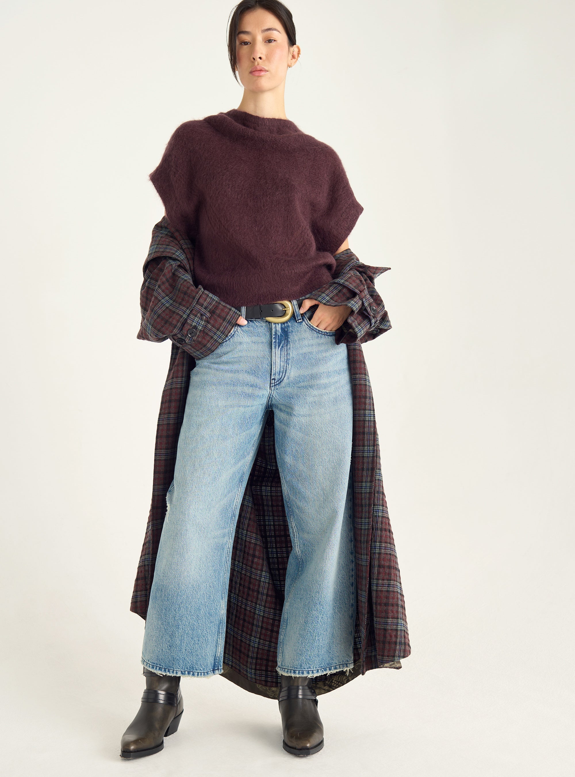 Short-sleeved brushed mohair sweater