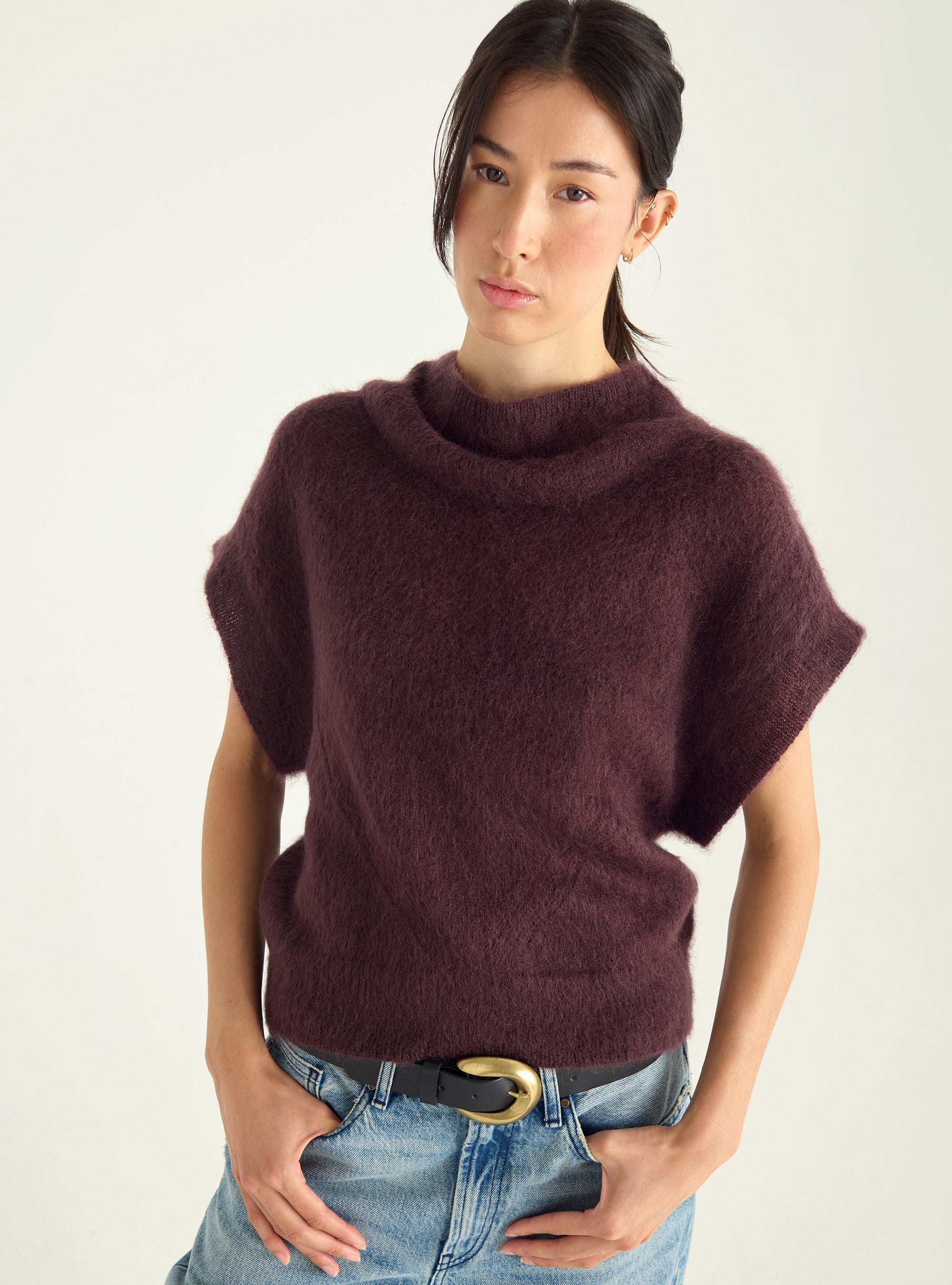 Short-sleeved brushed mohair sweater