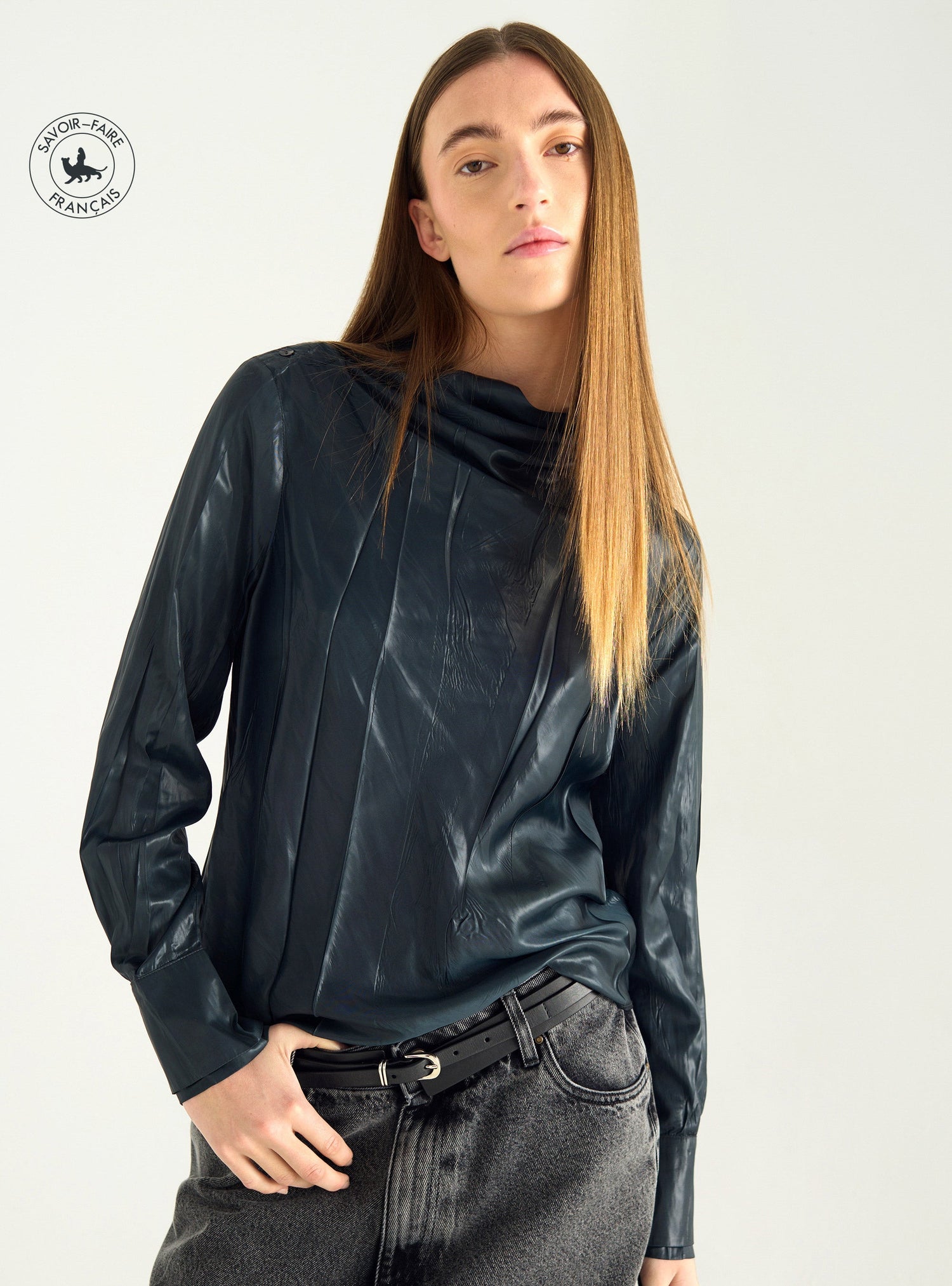 Satin blouse with high collar