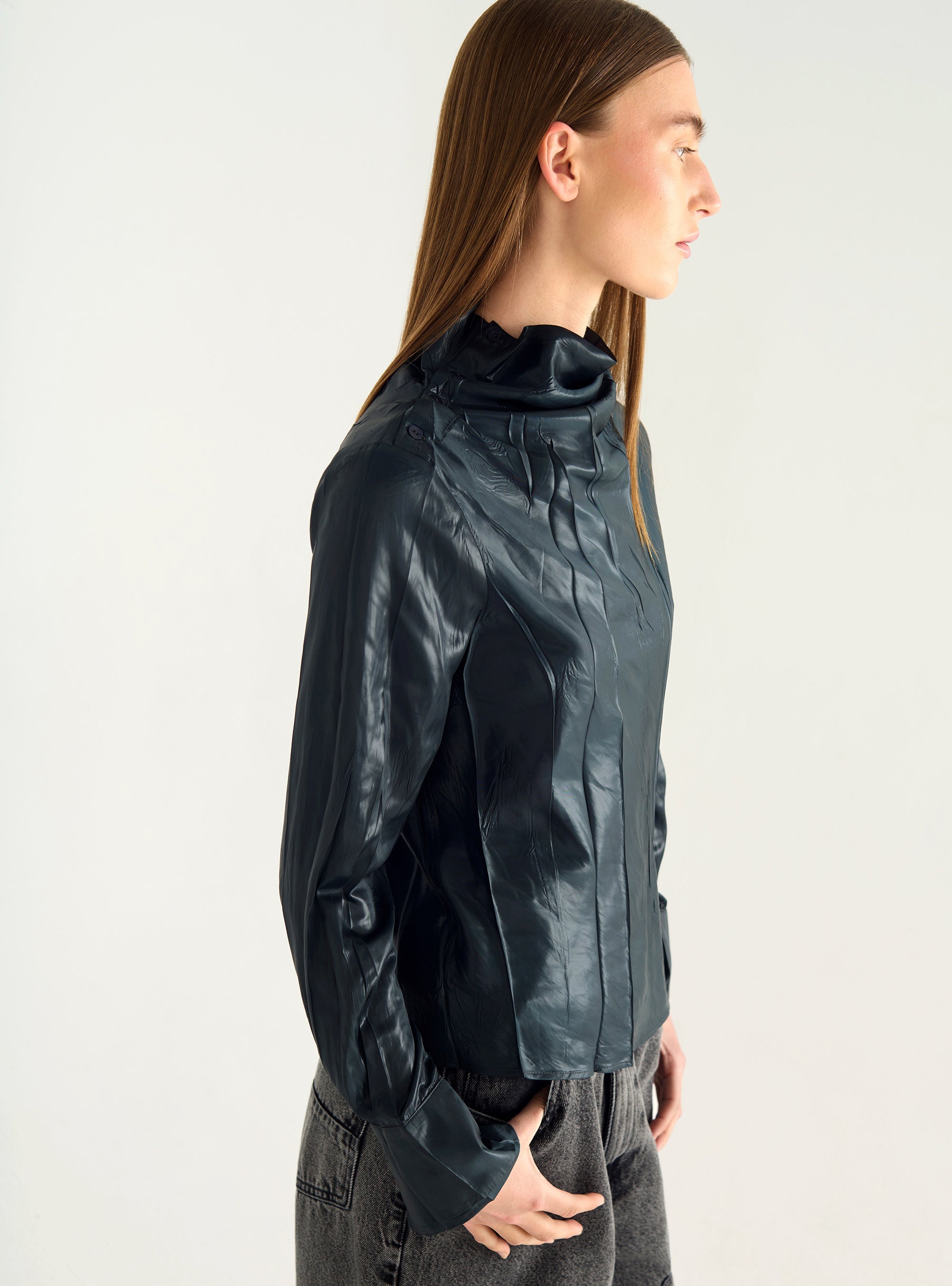 Satin blouse with high collar
