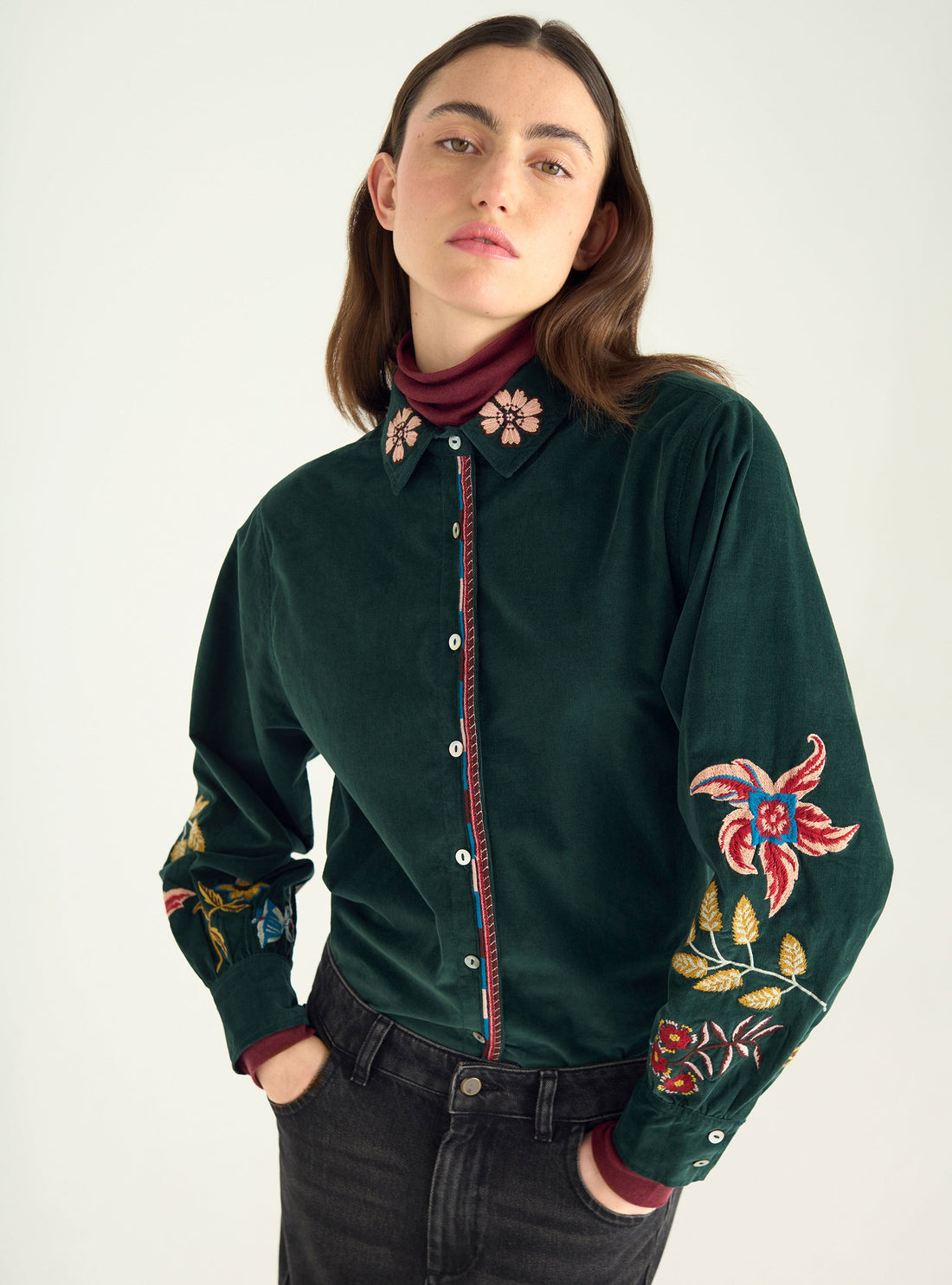 Embroidered cotton velvet shirt