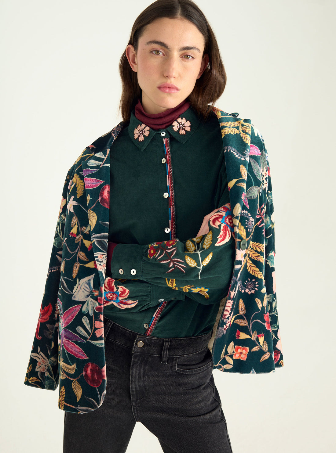 Embroidered cotton velvet shirt