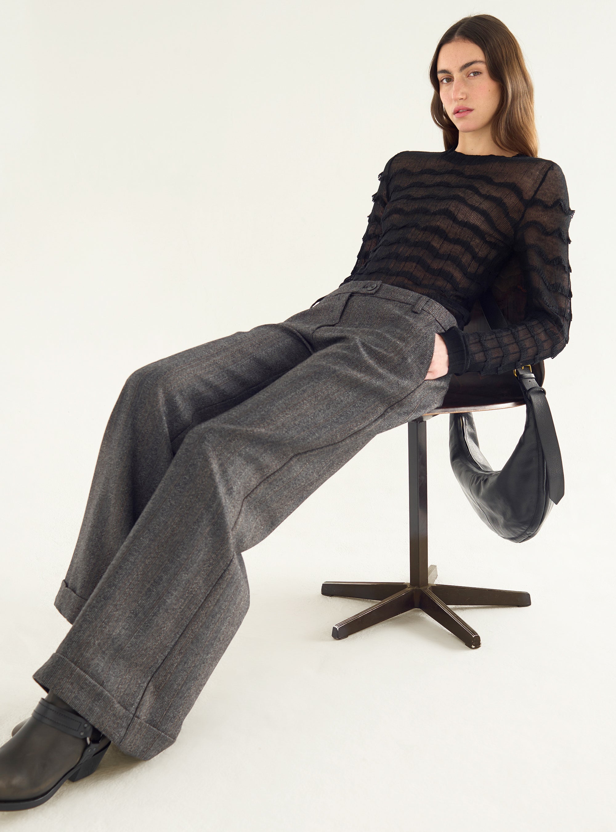 Wide-legged textured tweed pants
