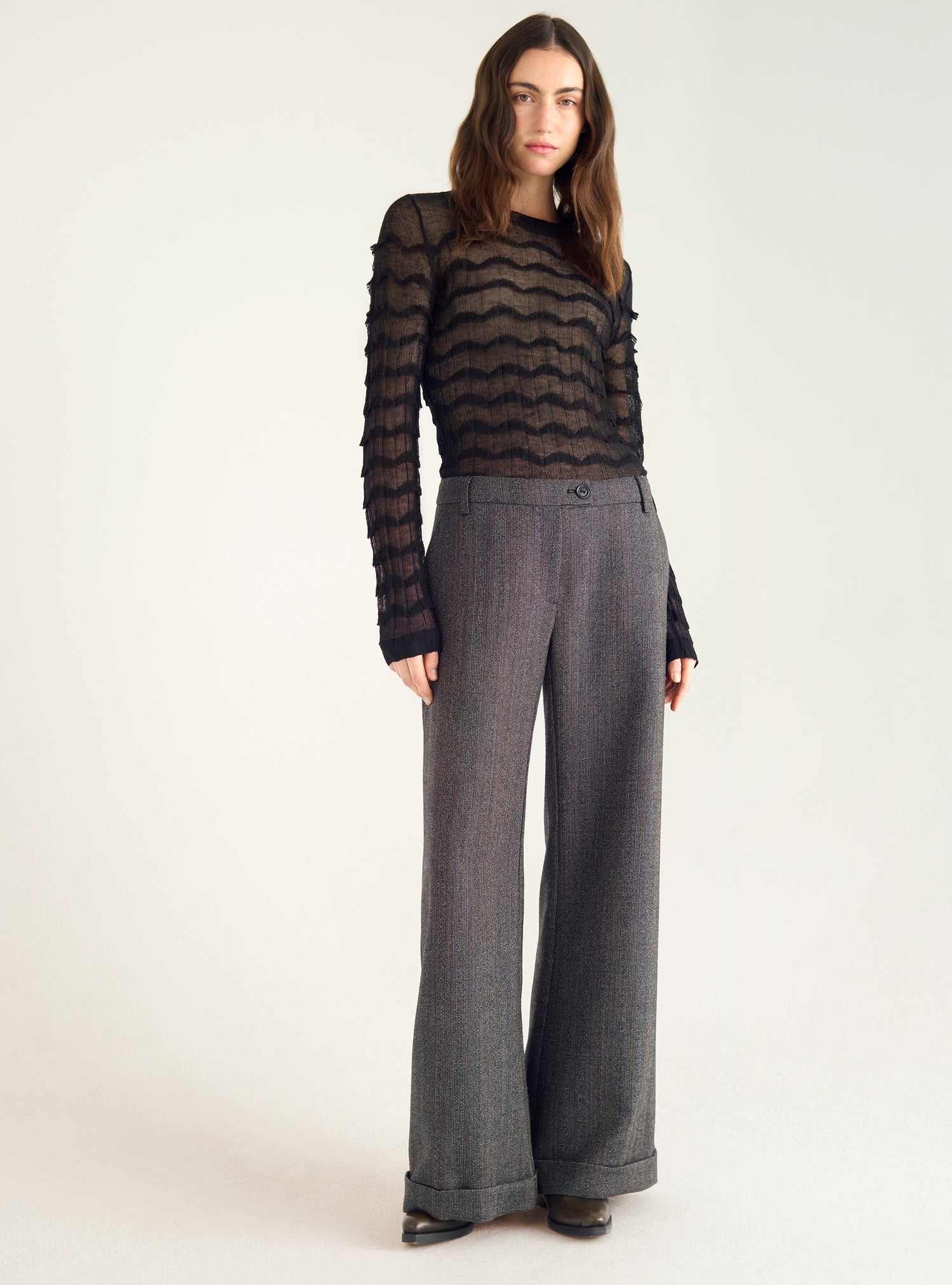 Wide-legged textured tweed pants