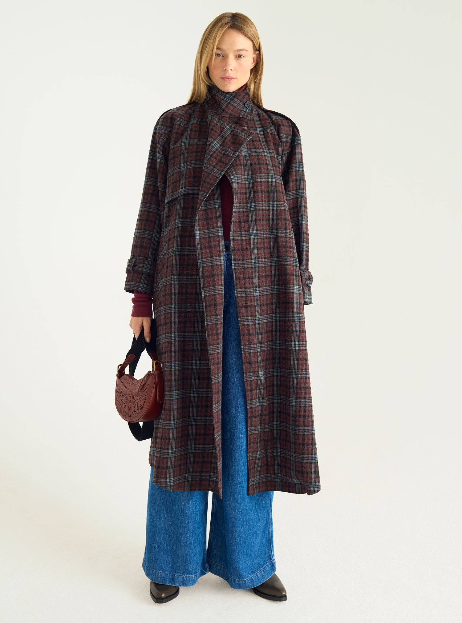 Wool &amp; cotton checked trench coat