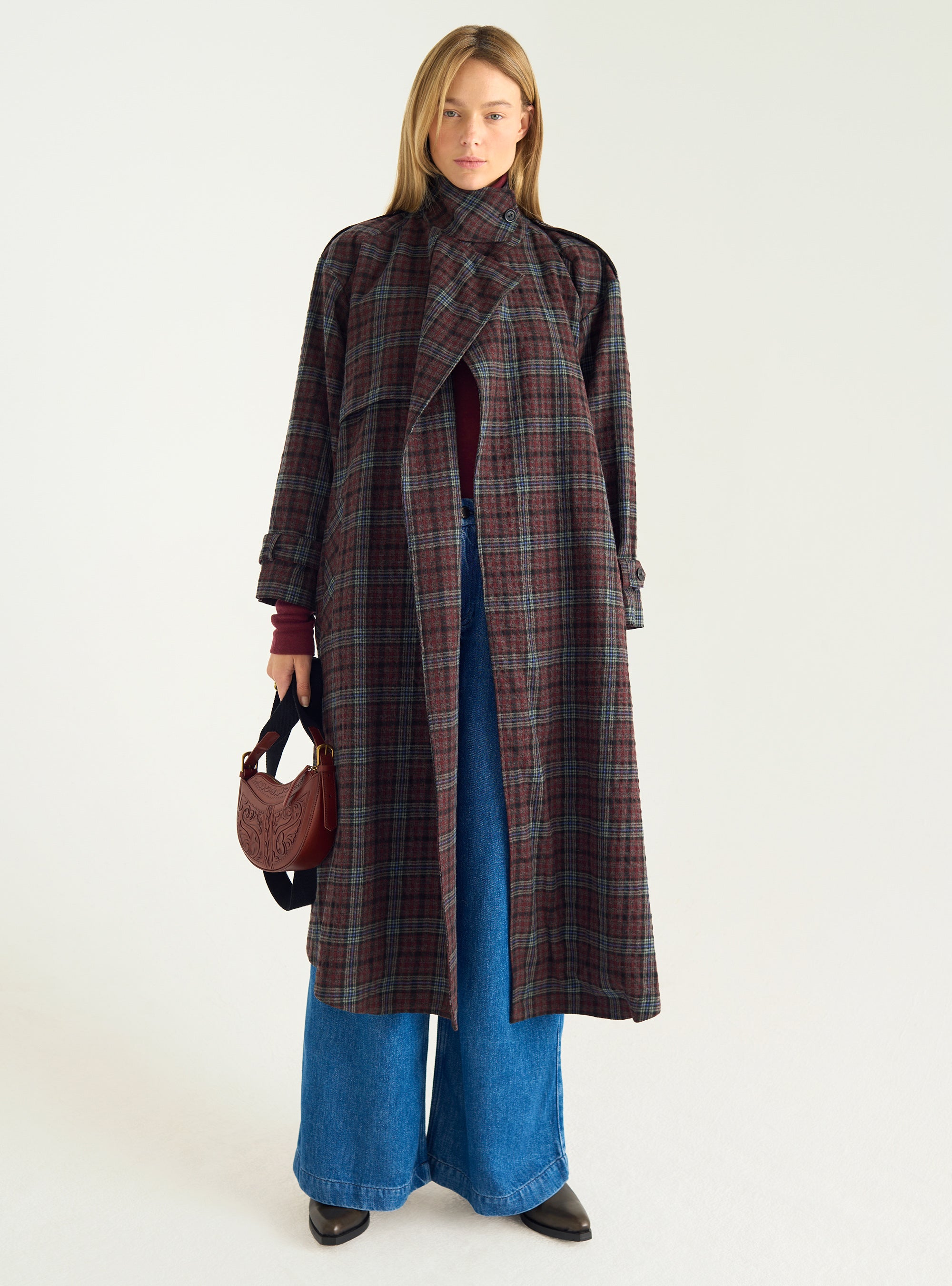Wool &amp; cotton checked trench coat