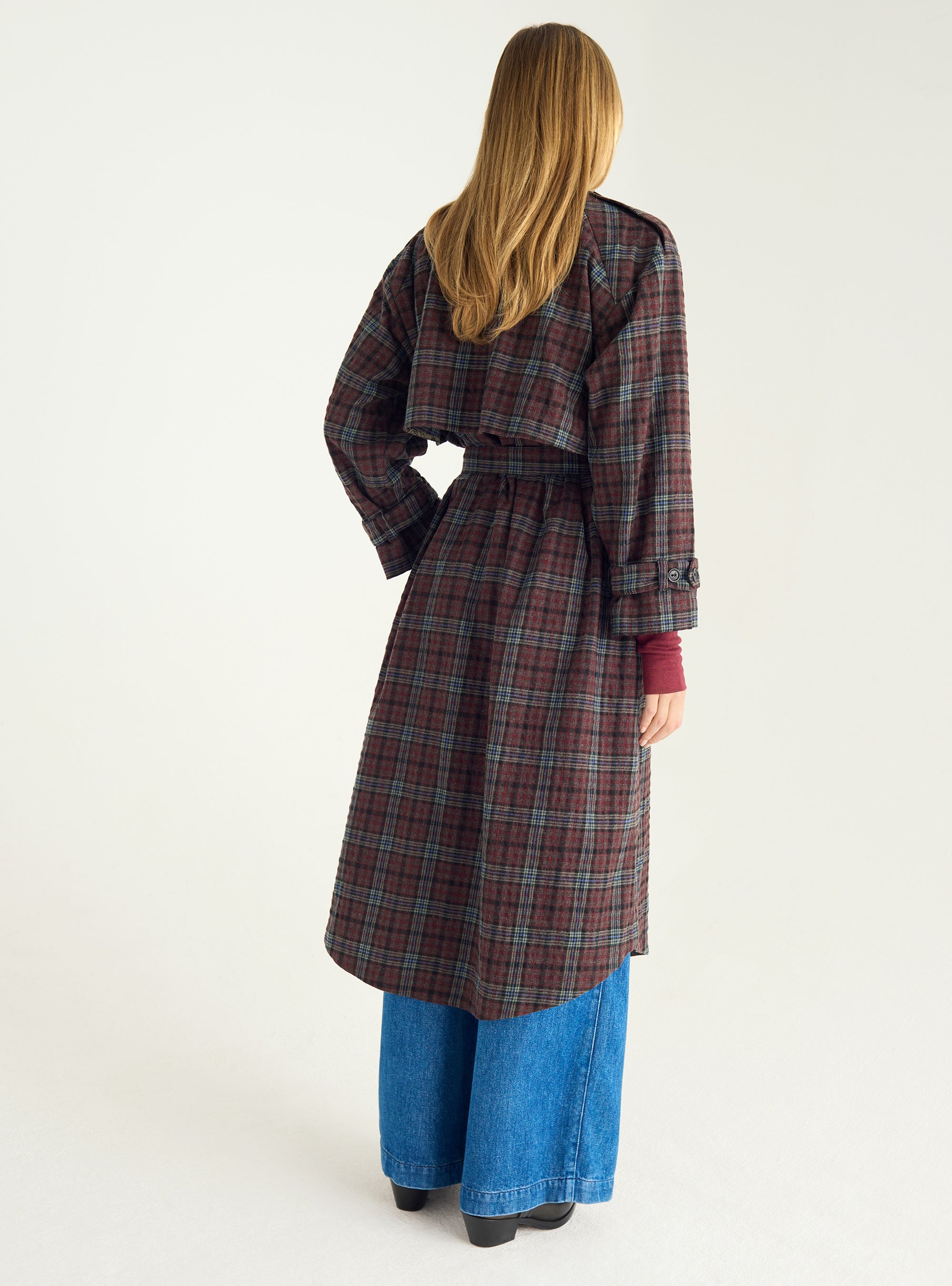 Wool &amp; cotton checked trench coat
