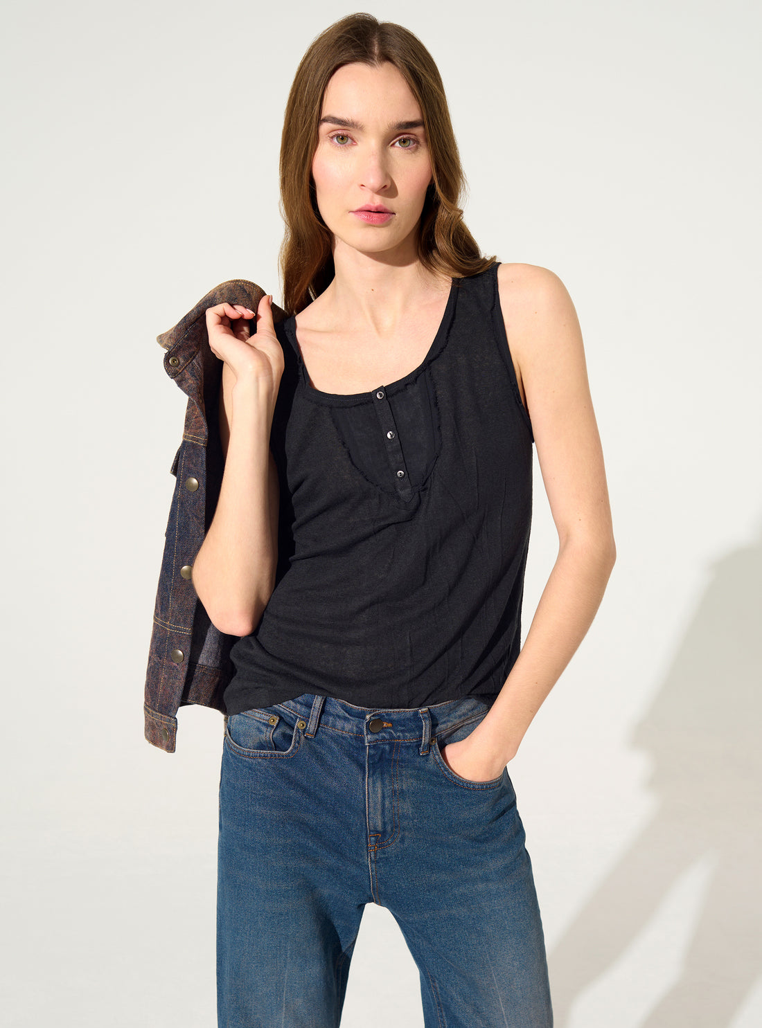 Black pleated fitted tank top