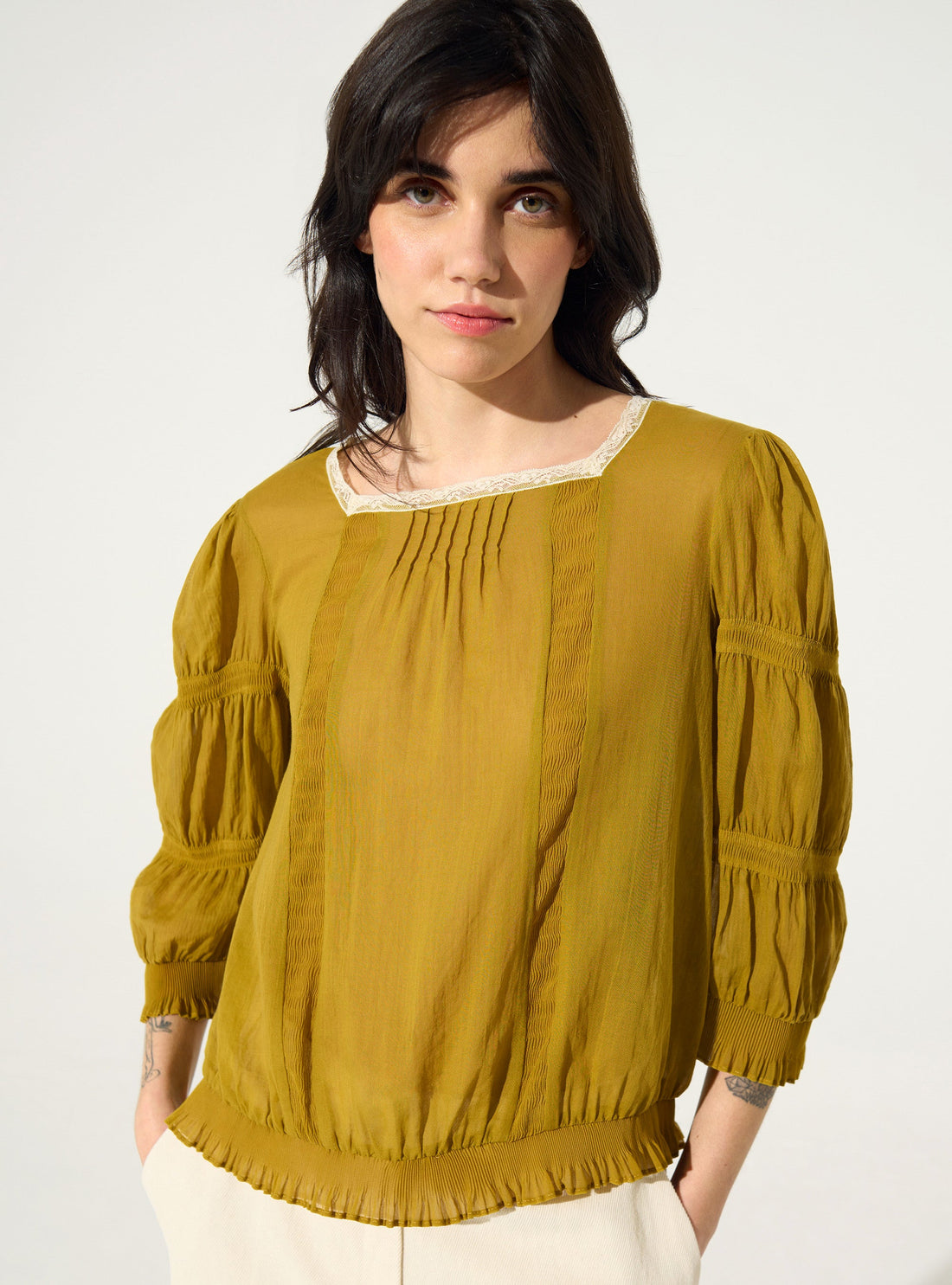 Pleated blouse and Calais-Caudry® lace yellow ochre