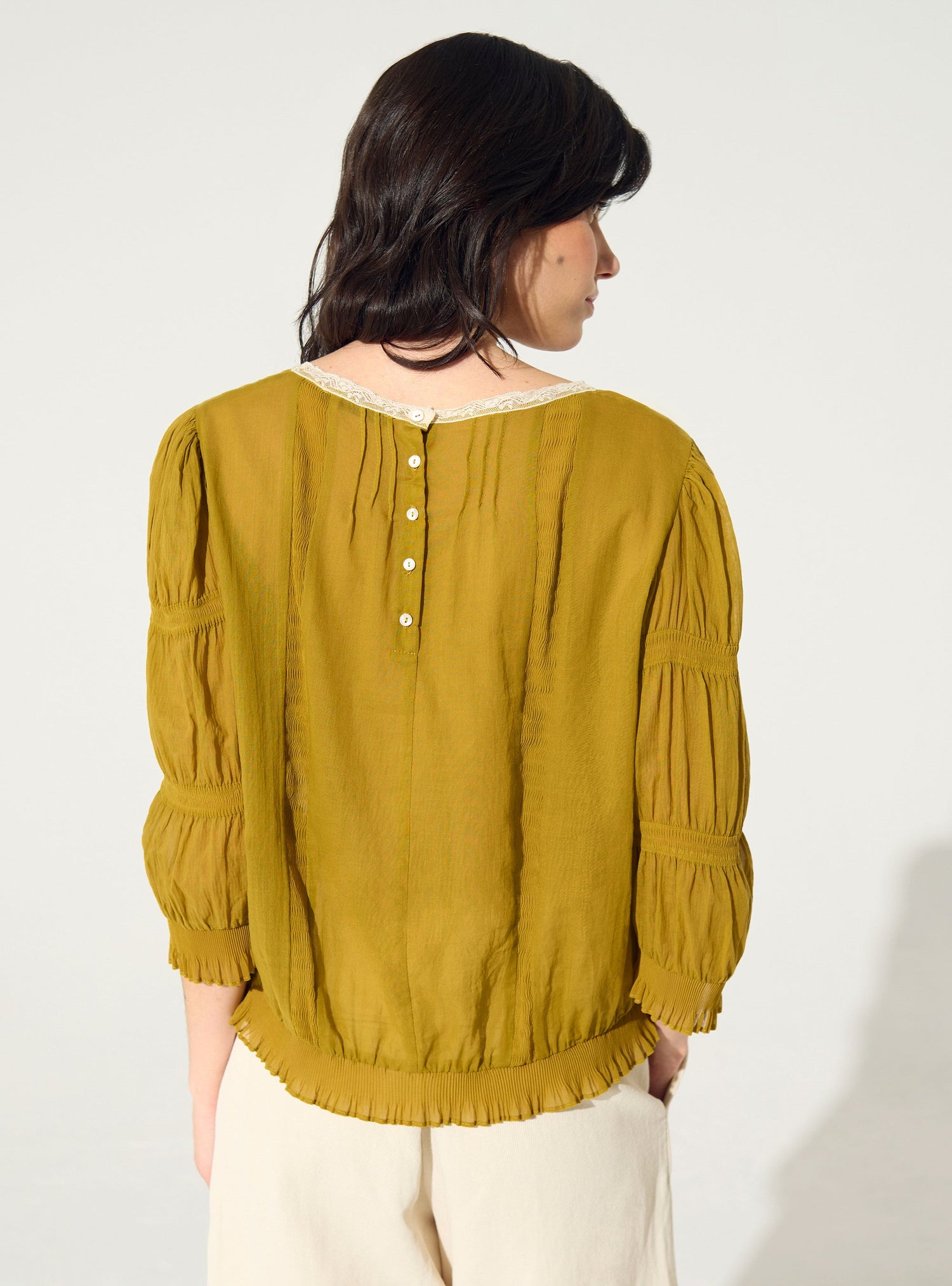 Pleated blouse and Calais-Caudry® lace yellow ochre