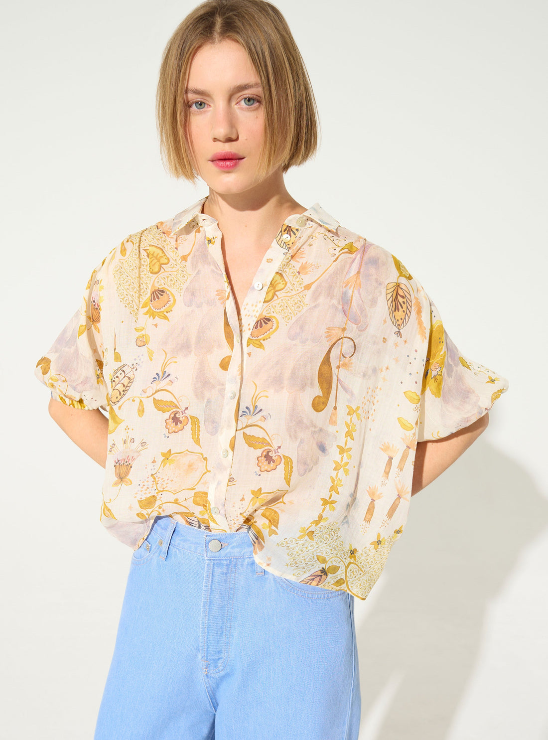 Oversized xxl white printed pleated blouse