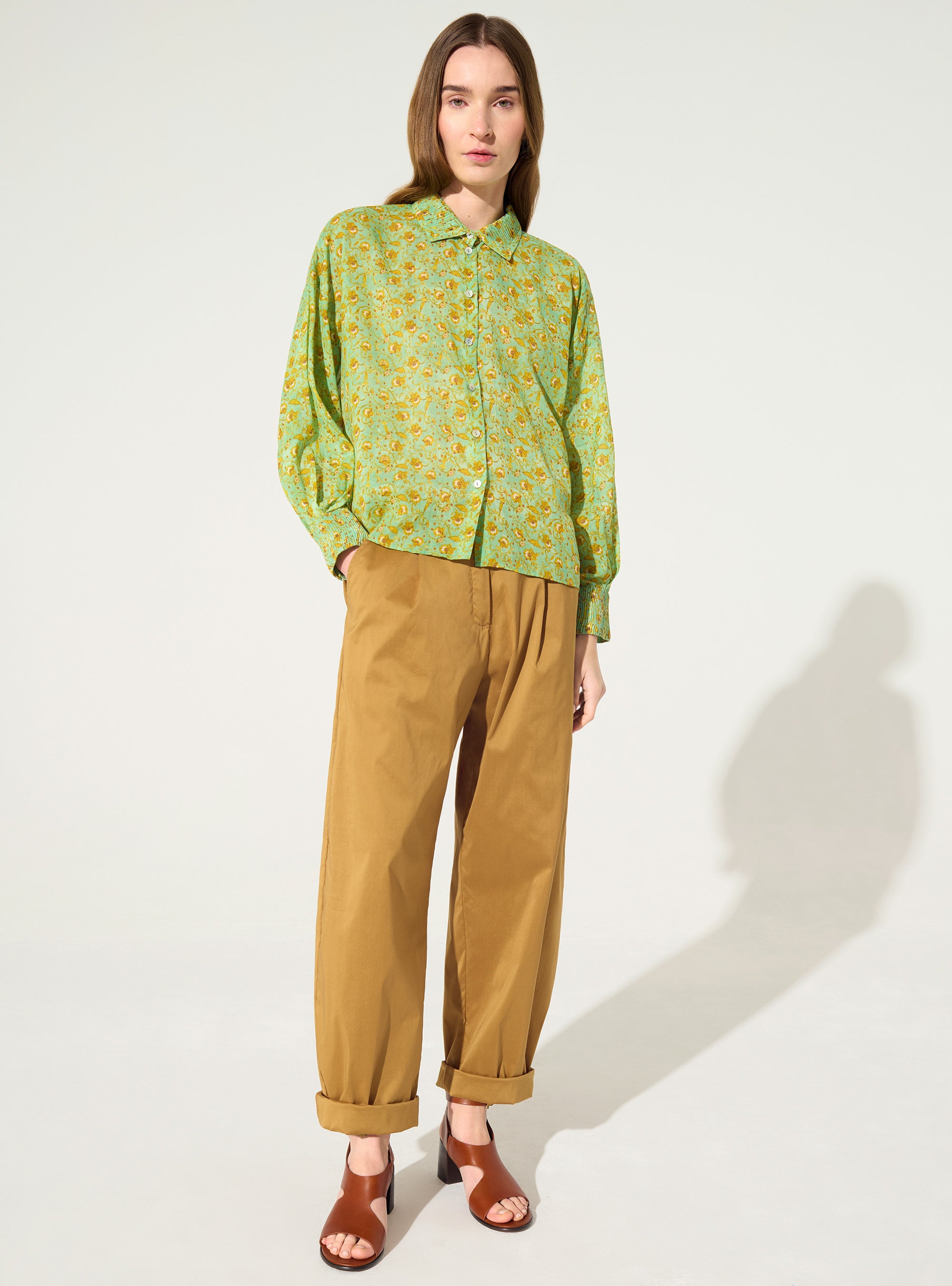 Oversized printed pleated shirt in green cotton – COTELAC