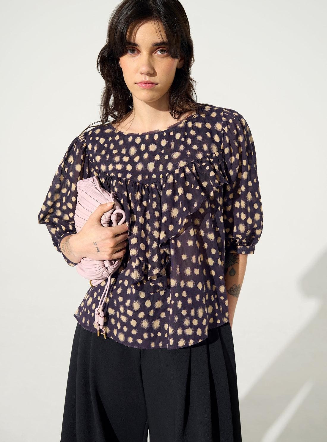 Oversized blouse with purple cotton house print