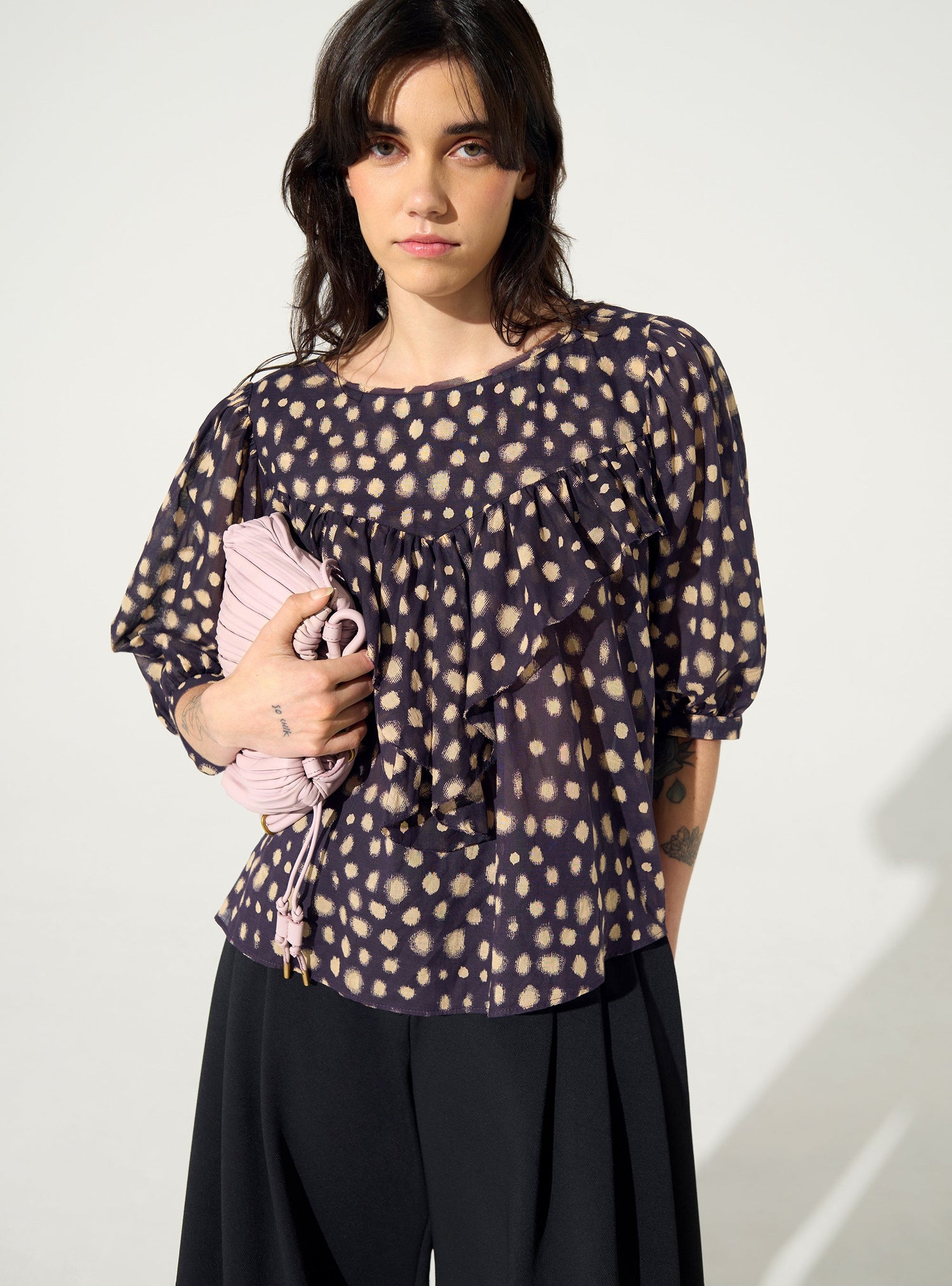 Oversized blouse with purple cotton house print