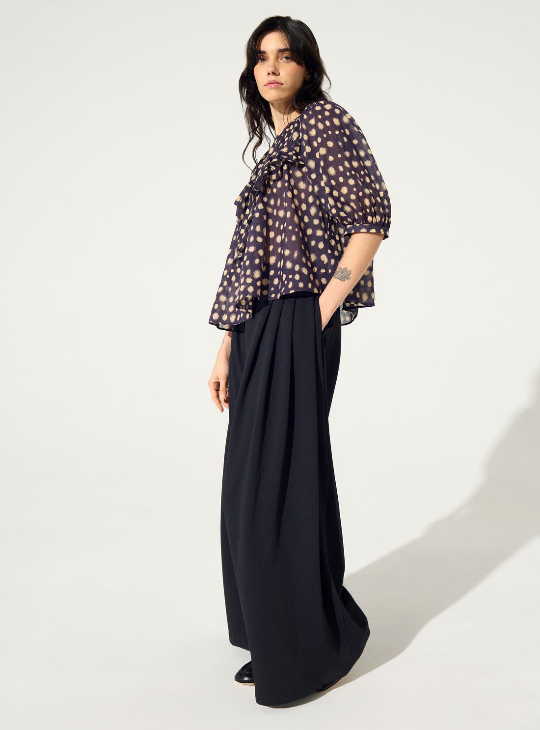 Oversized blouse with purple cotton house print