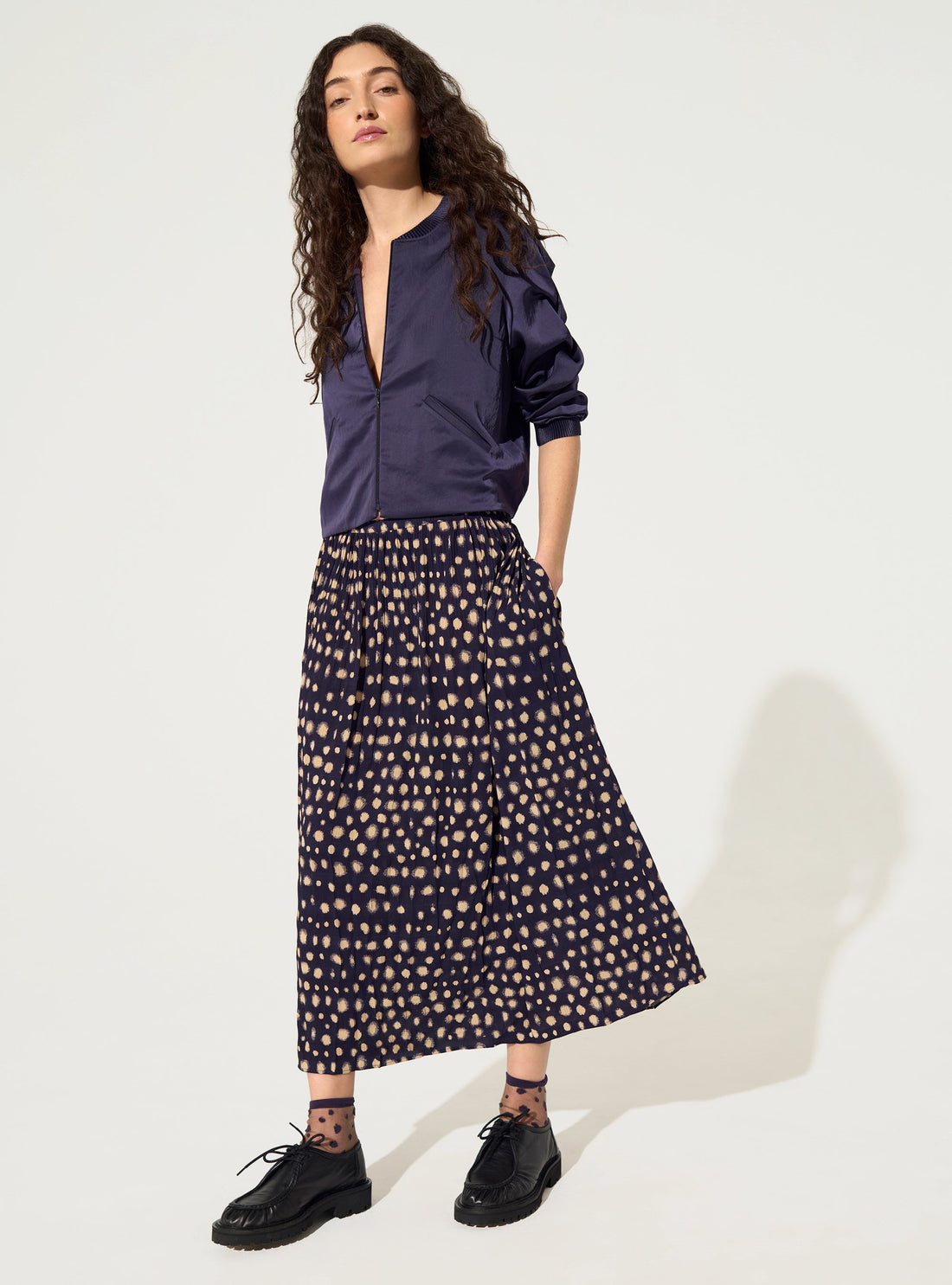 Purple polka dot print midi skirt