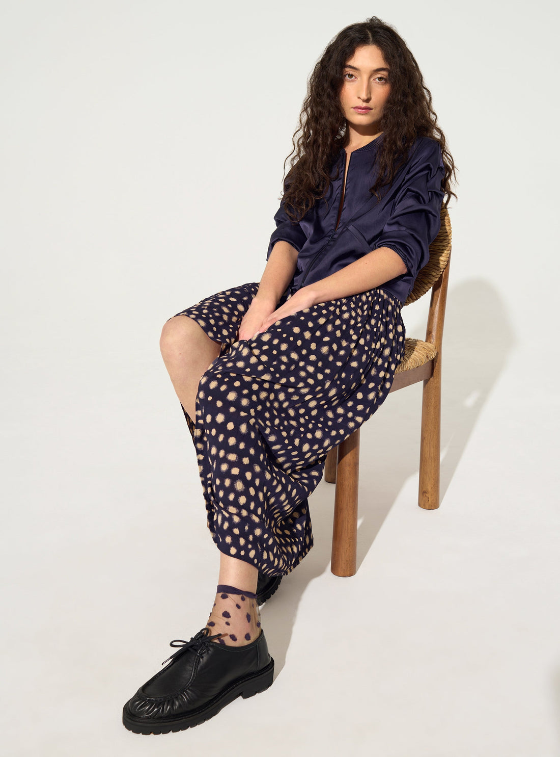 Purple polka dot print midi skirt