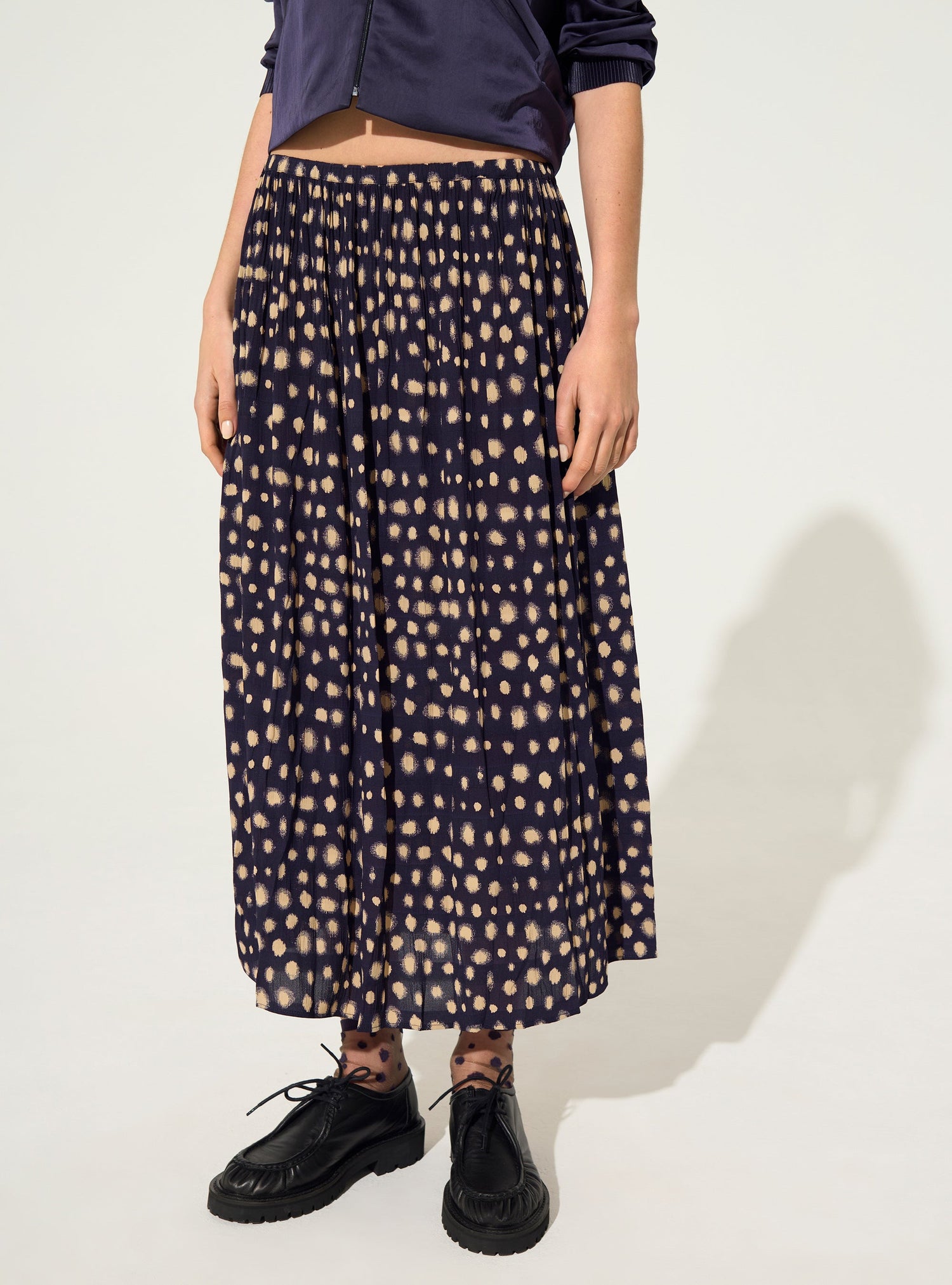 Purple polka dot print midi skirt