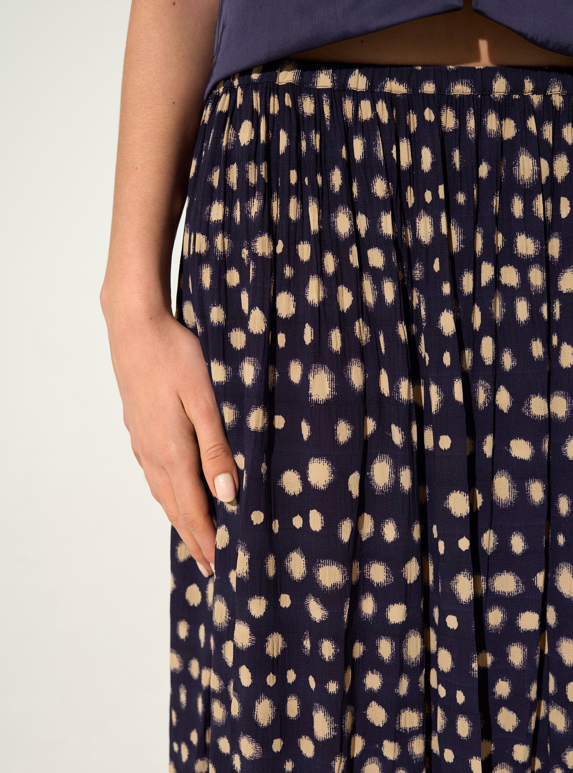 Purple polka dot print midi skirt
