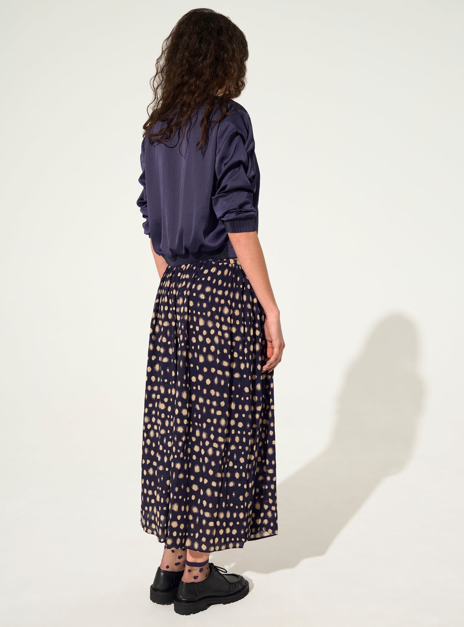 Purple polka dot print midi skirt