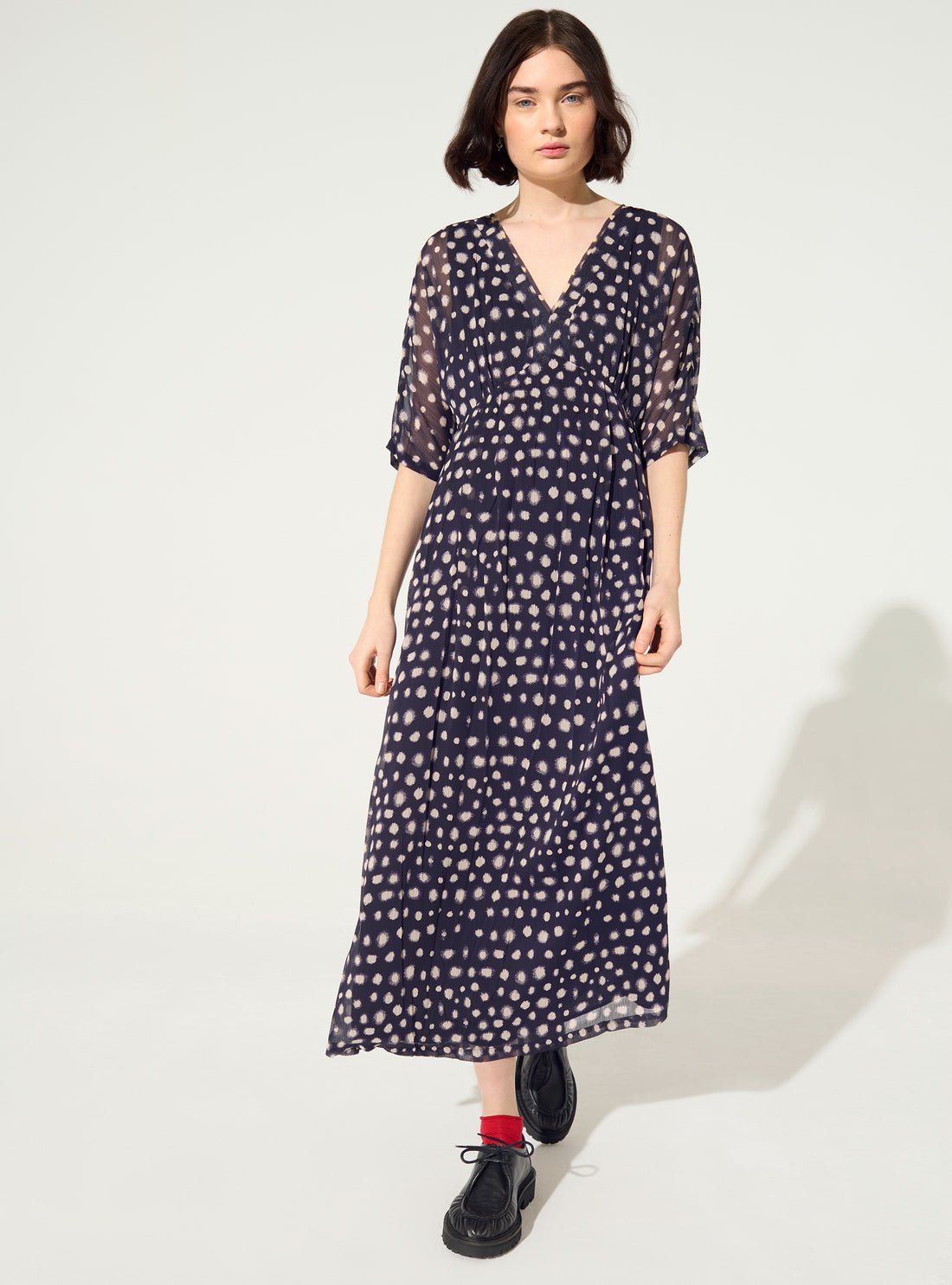 Purple house print pleated fitted dress