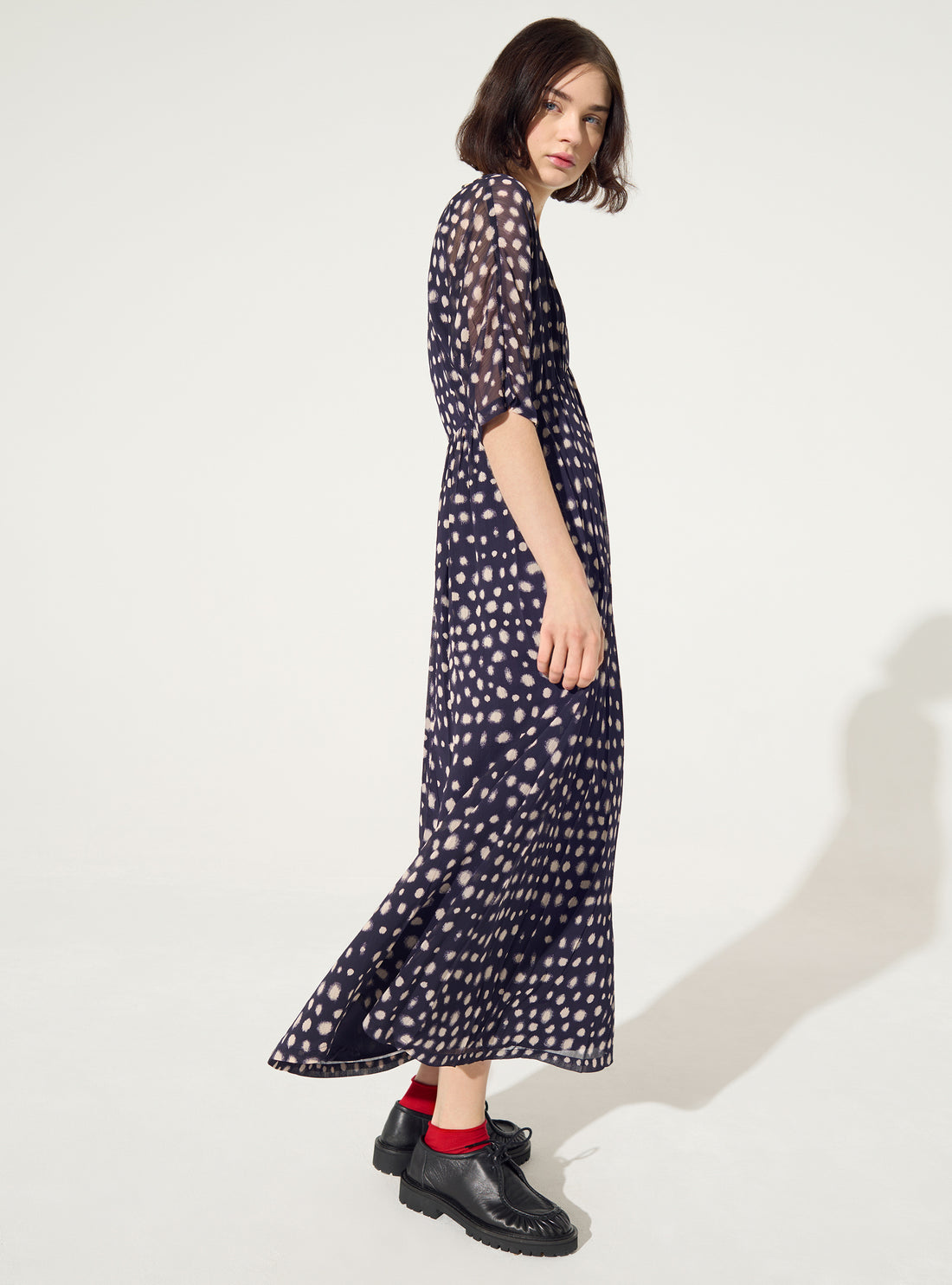 Purple house print pleated fitted dress