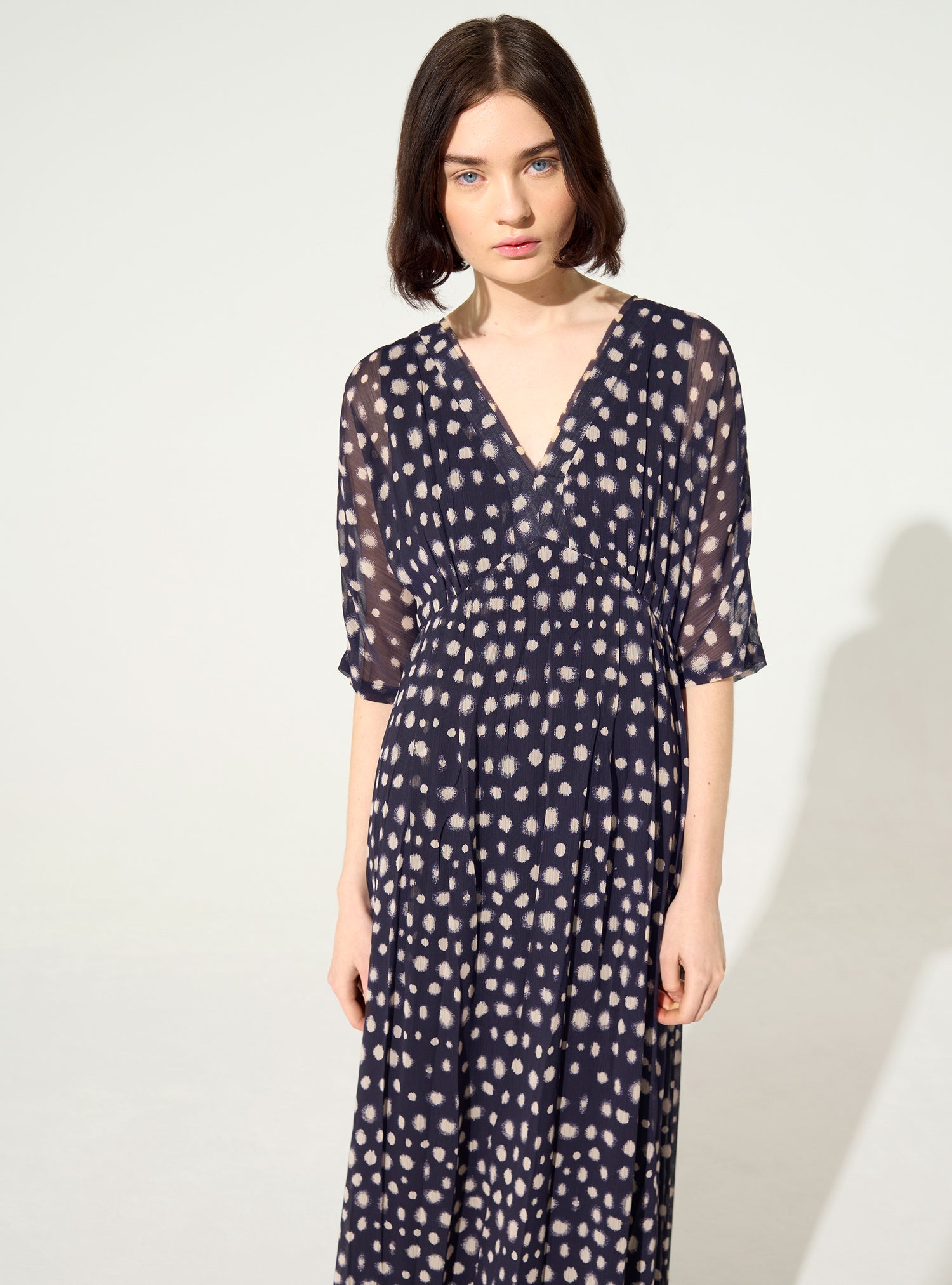 Purple house print pleated fitted dress