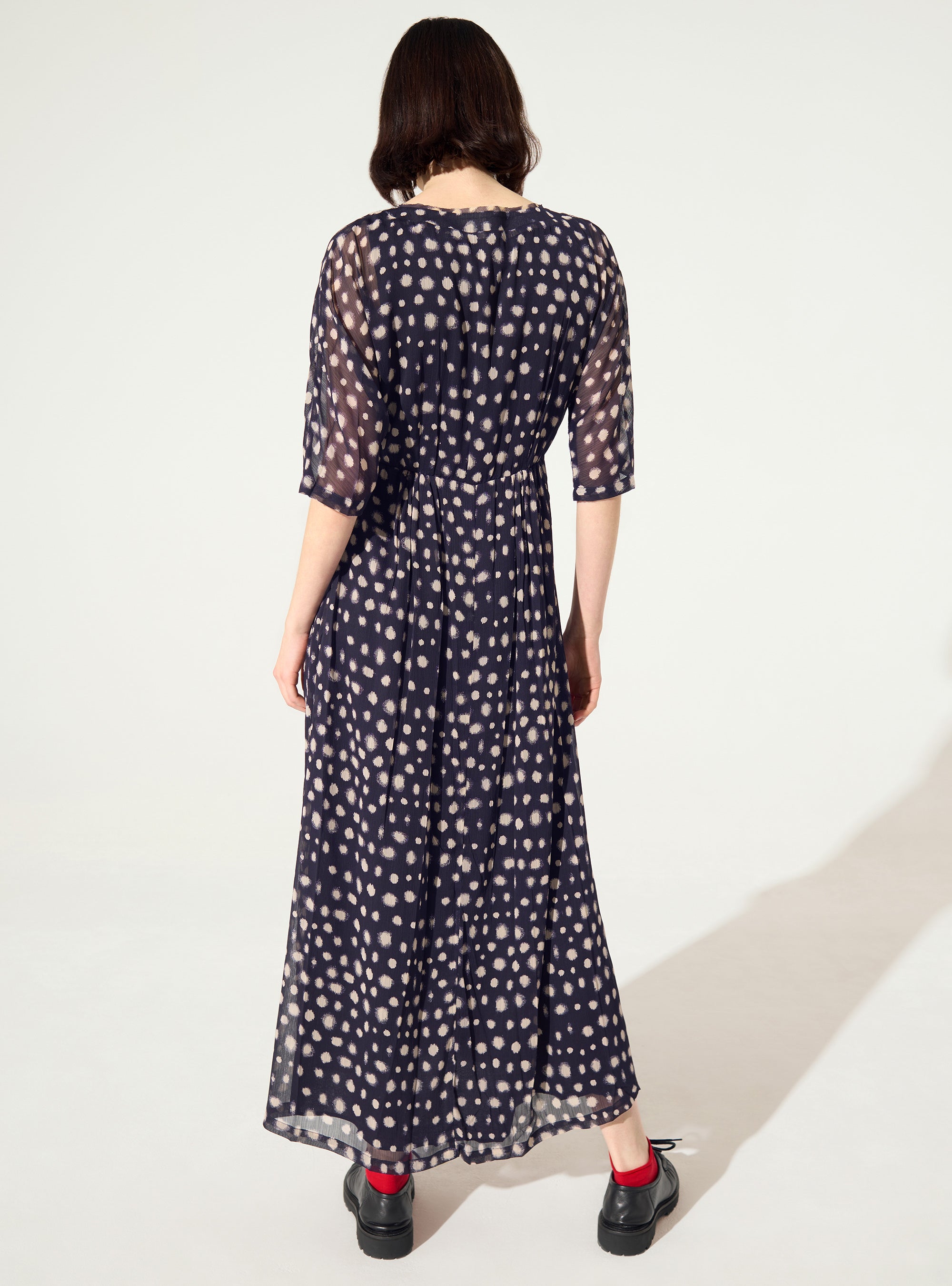 Purple house print pleated fitted dress