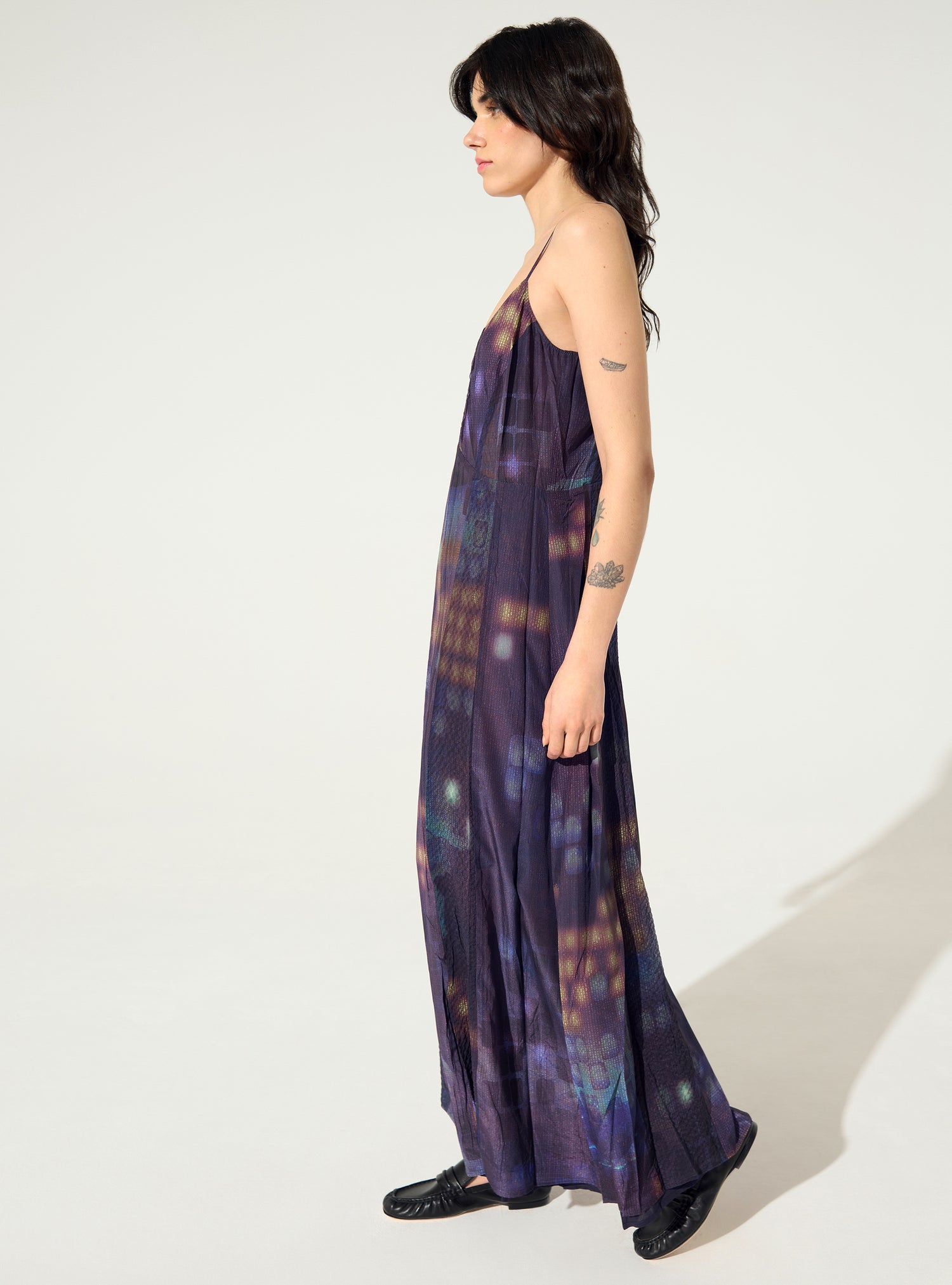 Purple house print pleated fitted dress