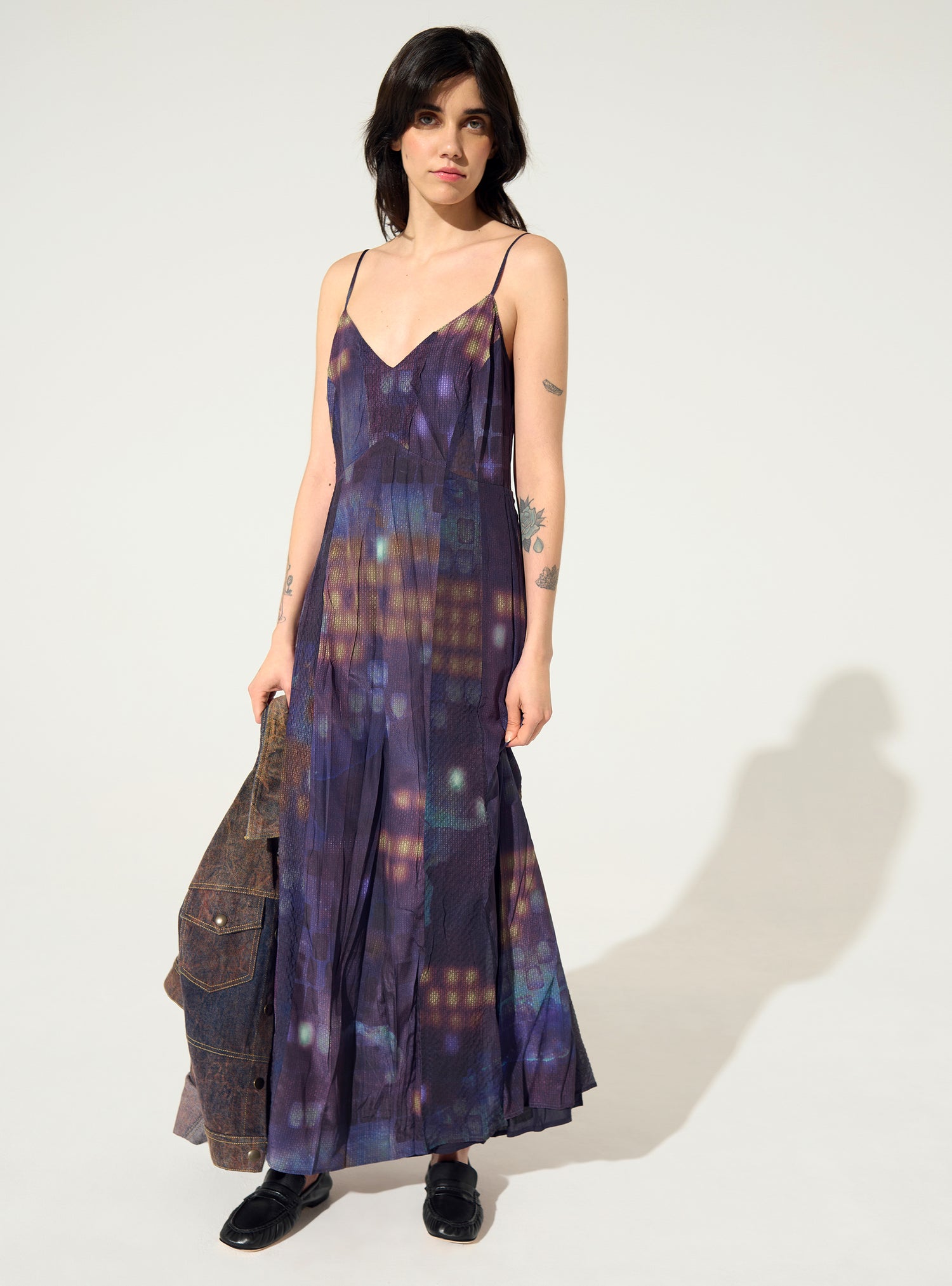 Purple house print pleated fitted dress