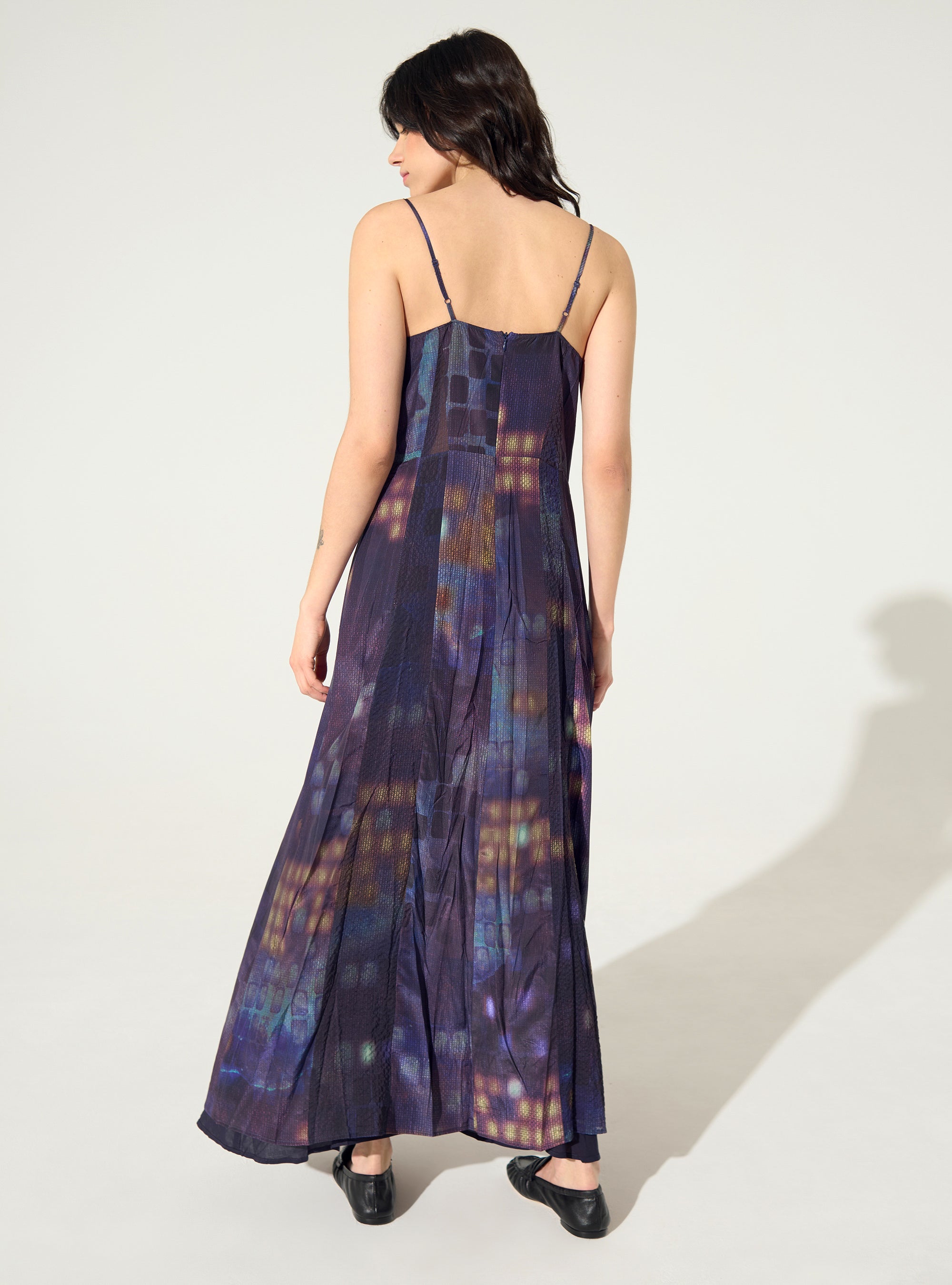 Purple house print pleated fitted dress