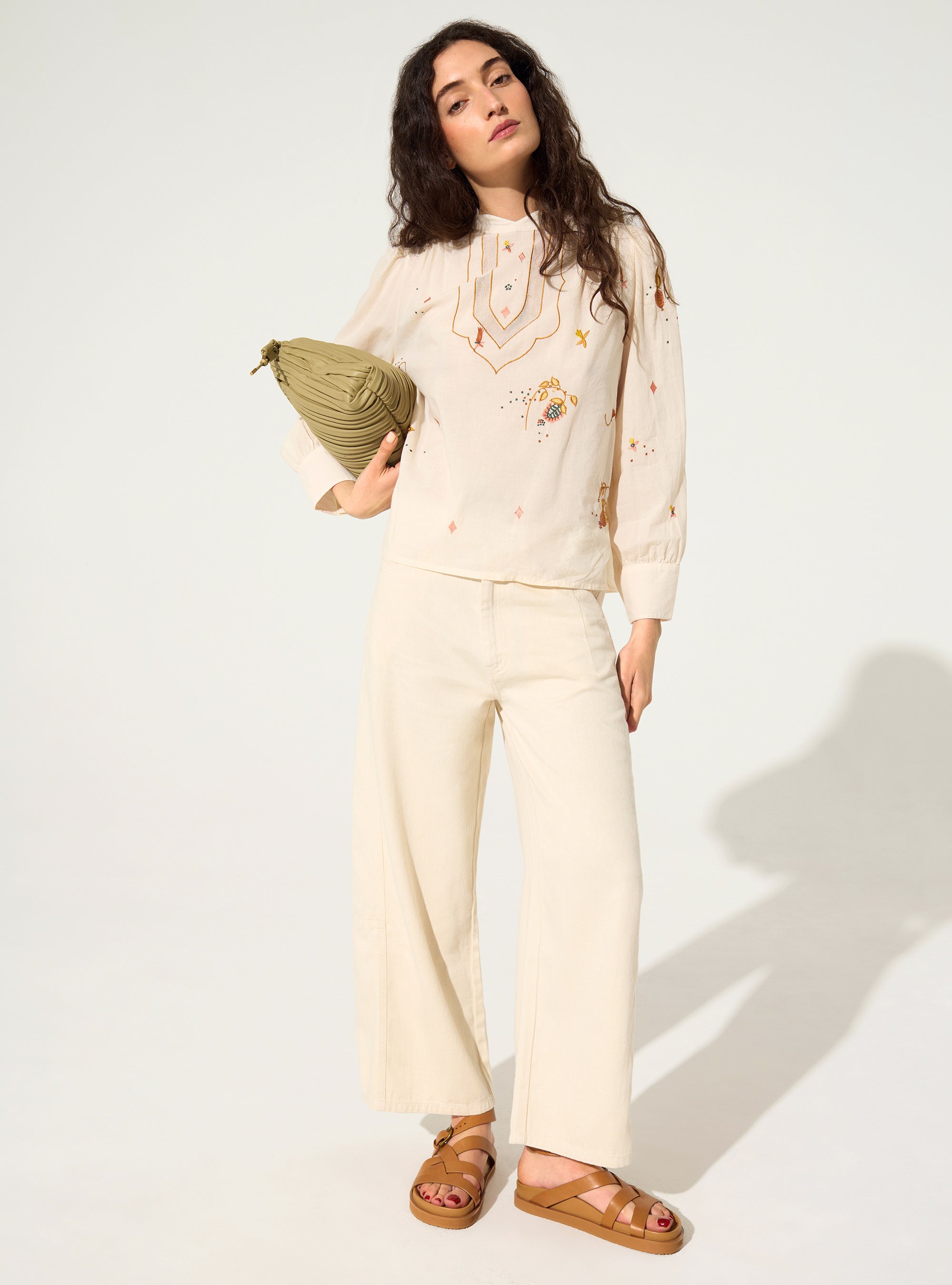 Embroidered blouse in ecru cotton