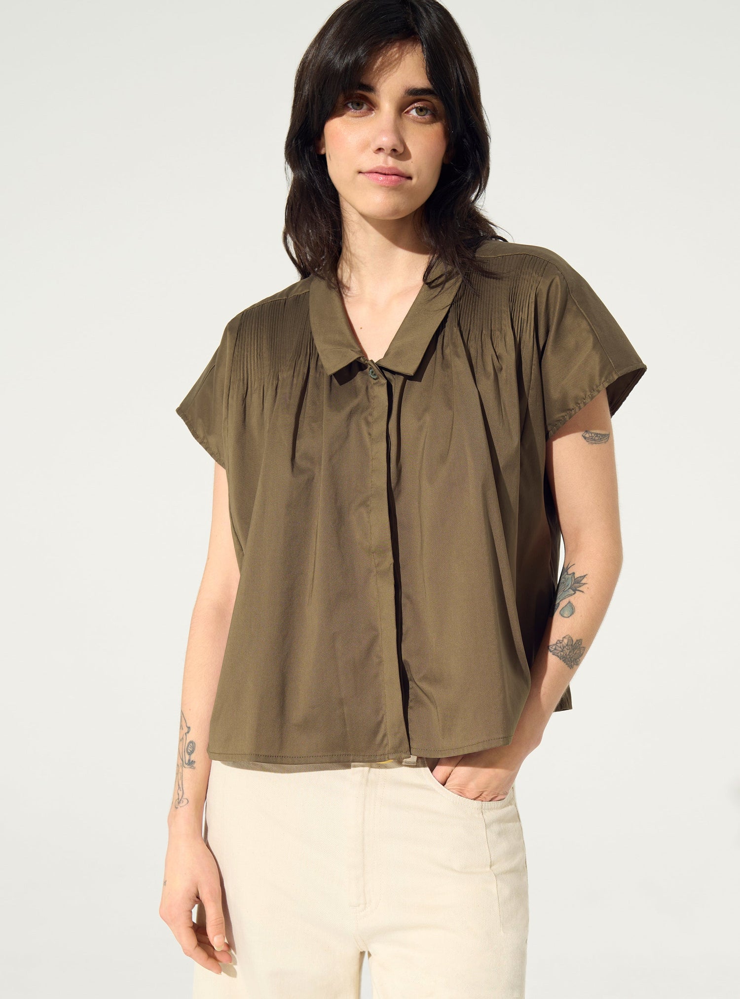 Khaki pleated shirt
