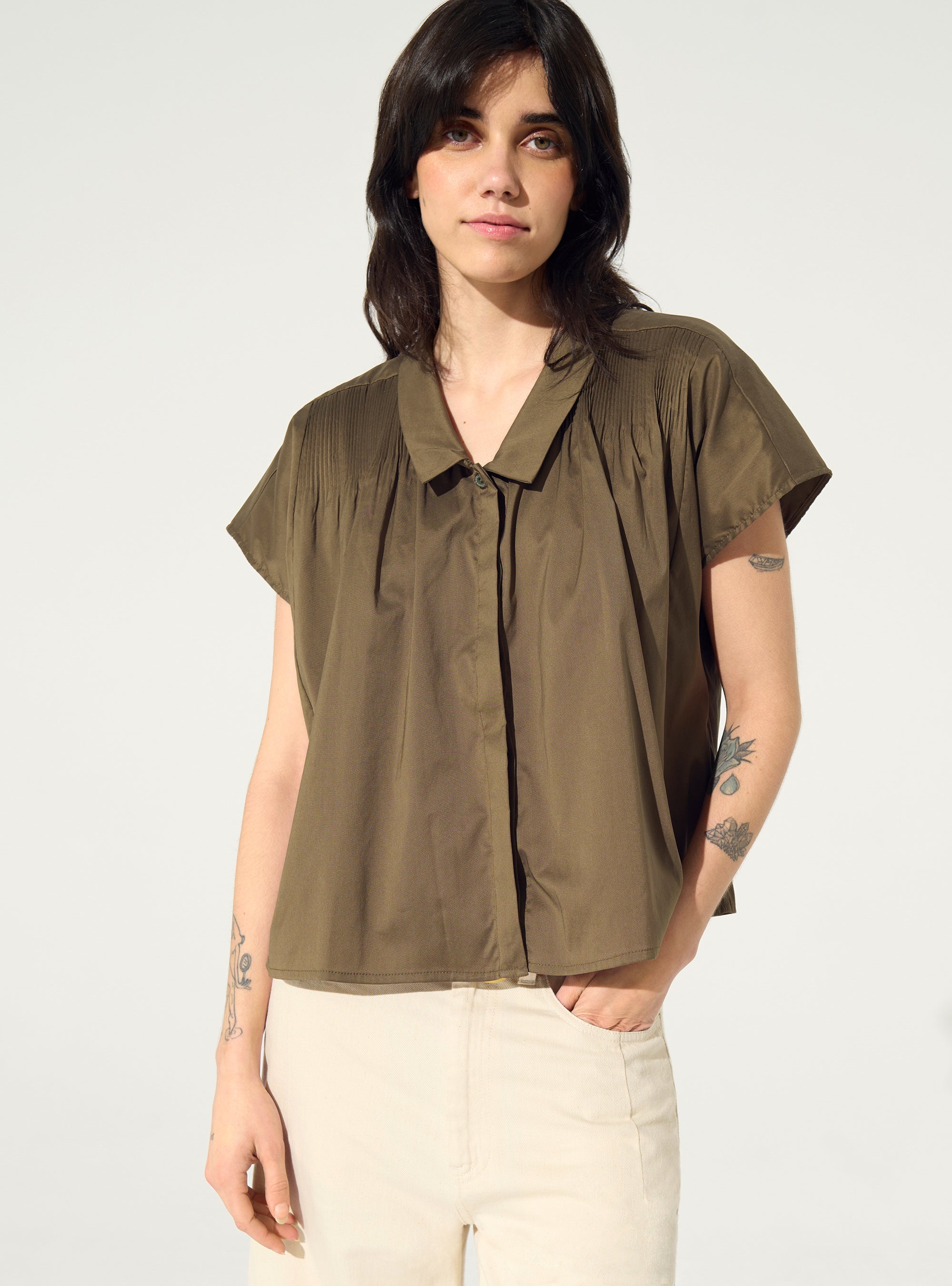 Khaki pleated shirt