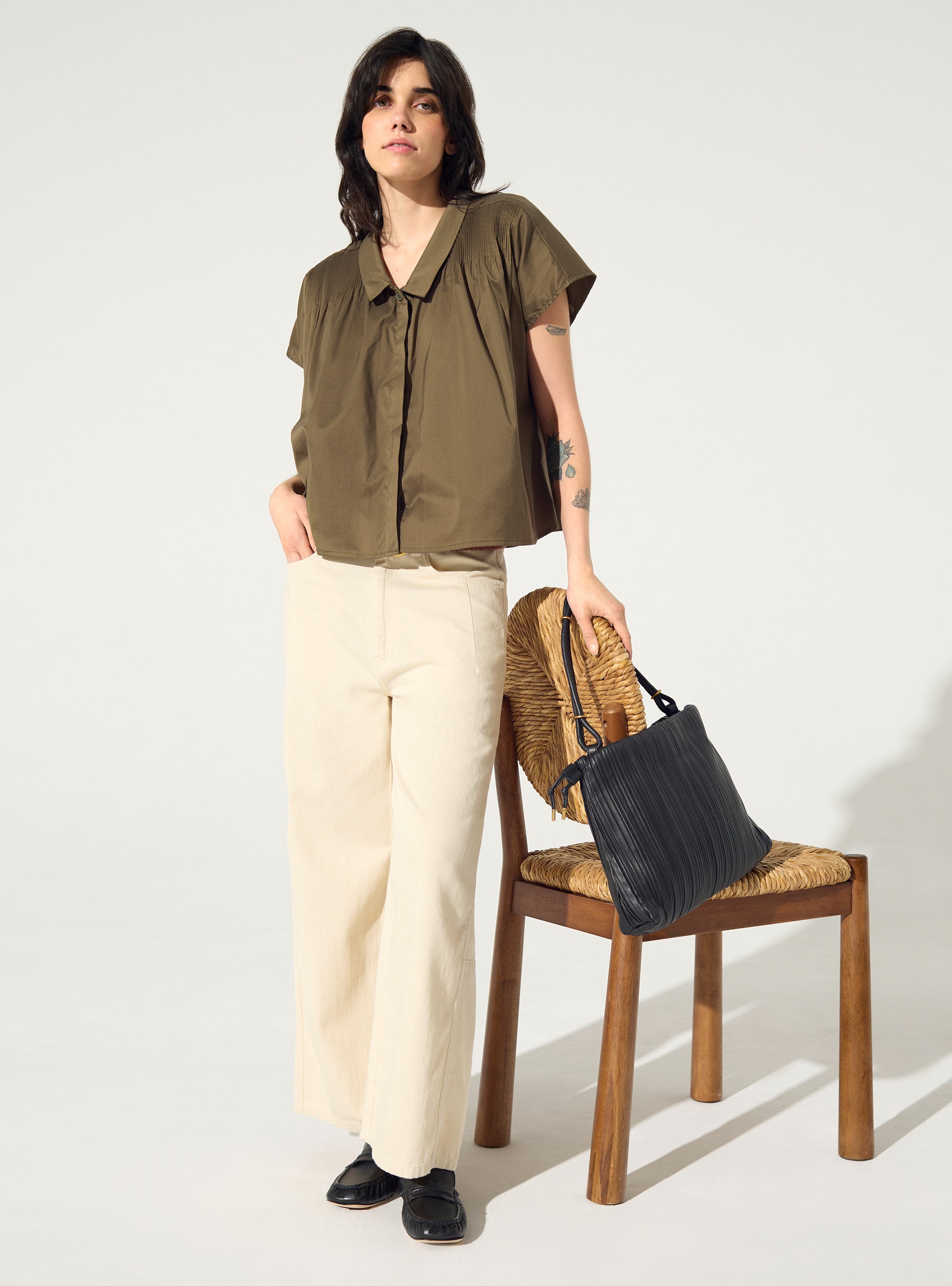 Khaki pleated shirt