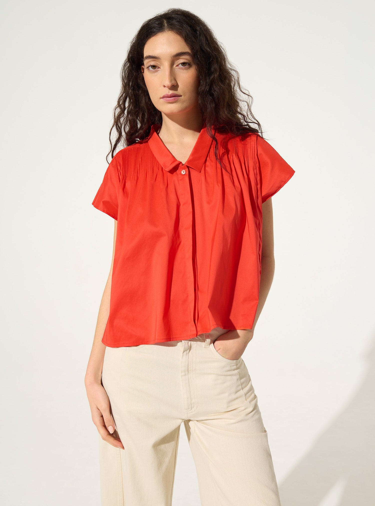 Red cotton pleated shirt