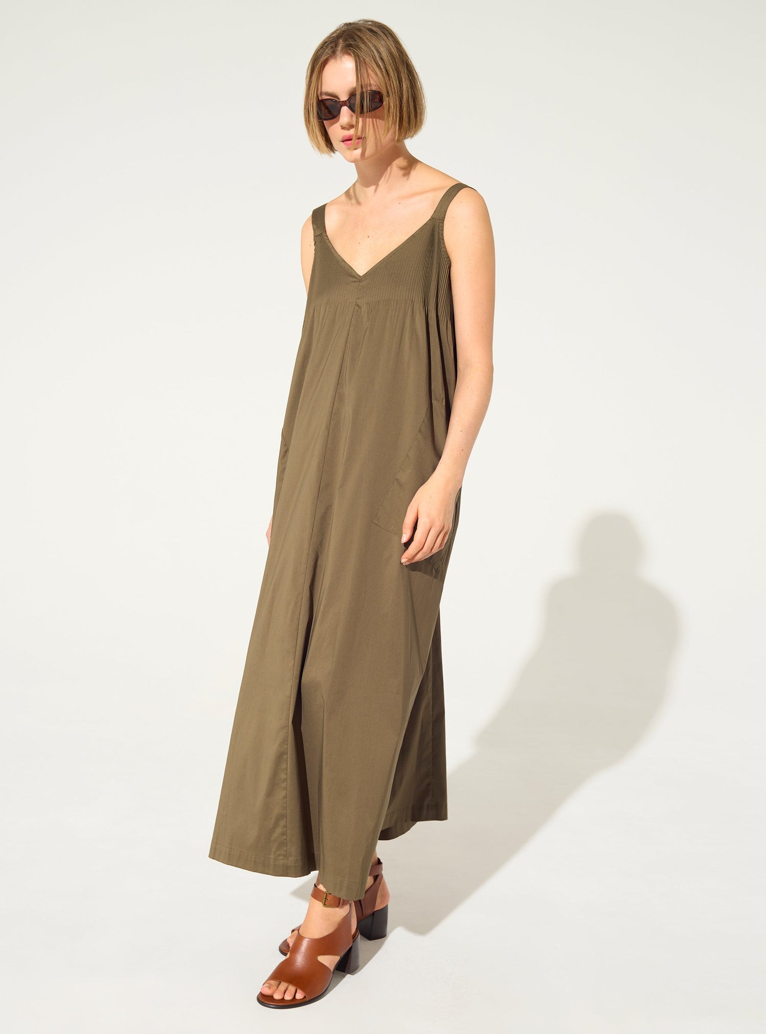 khaki maxi dress Myla Draped Shoulders Satin / | MESHKI back zip and hook Khaki pleated maxi dress -