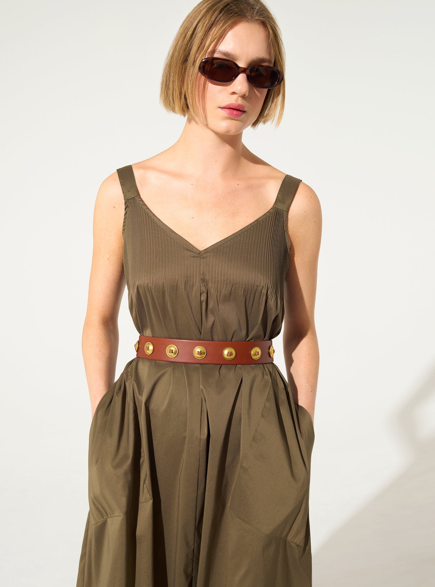 Khaki pleated maxi dress