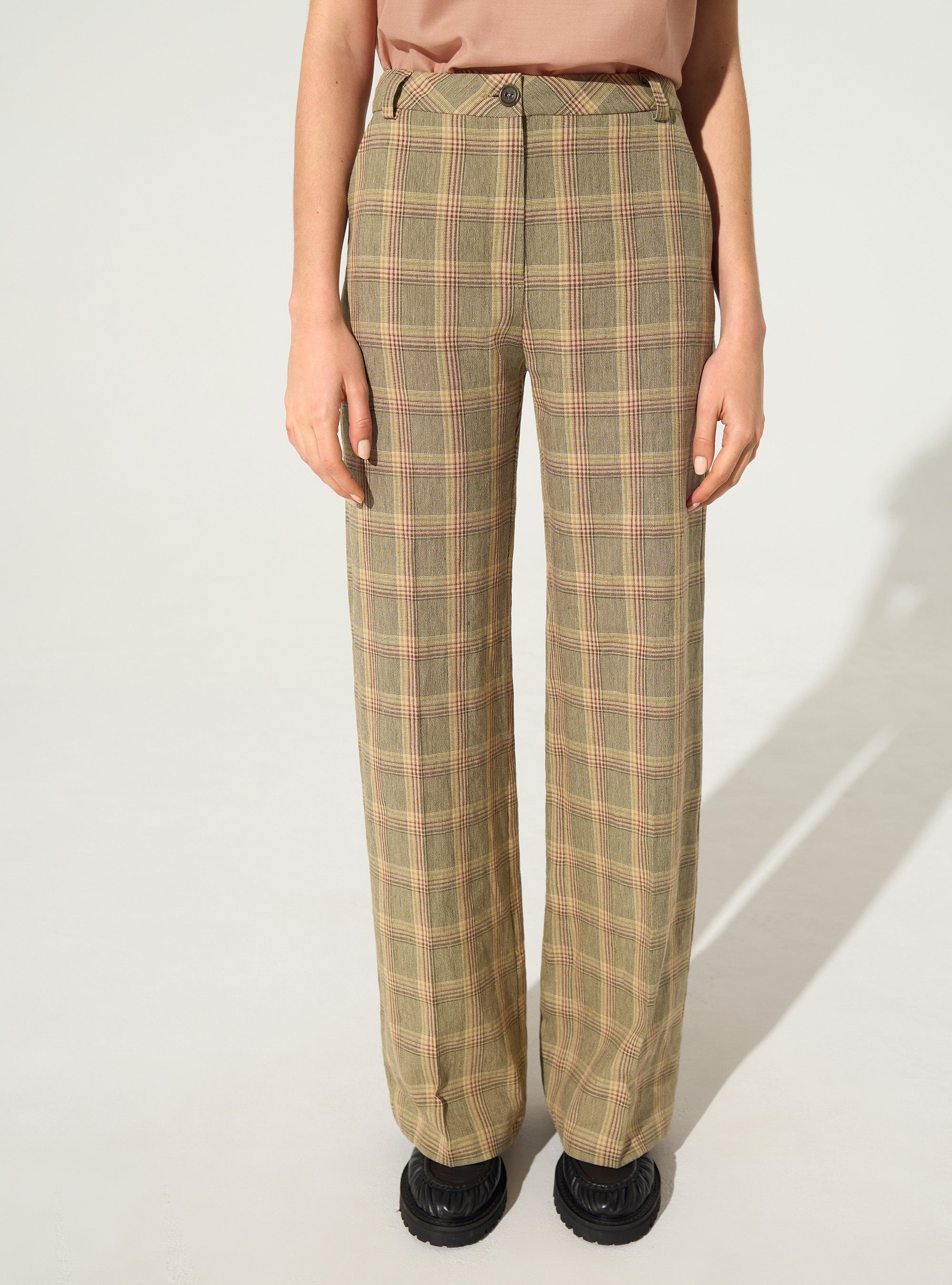 Green linen print trousers