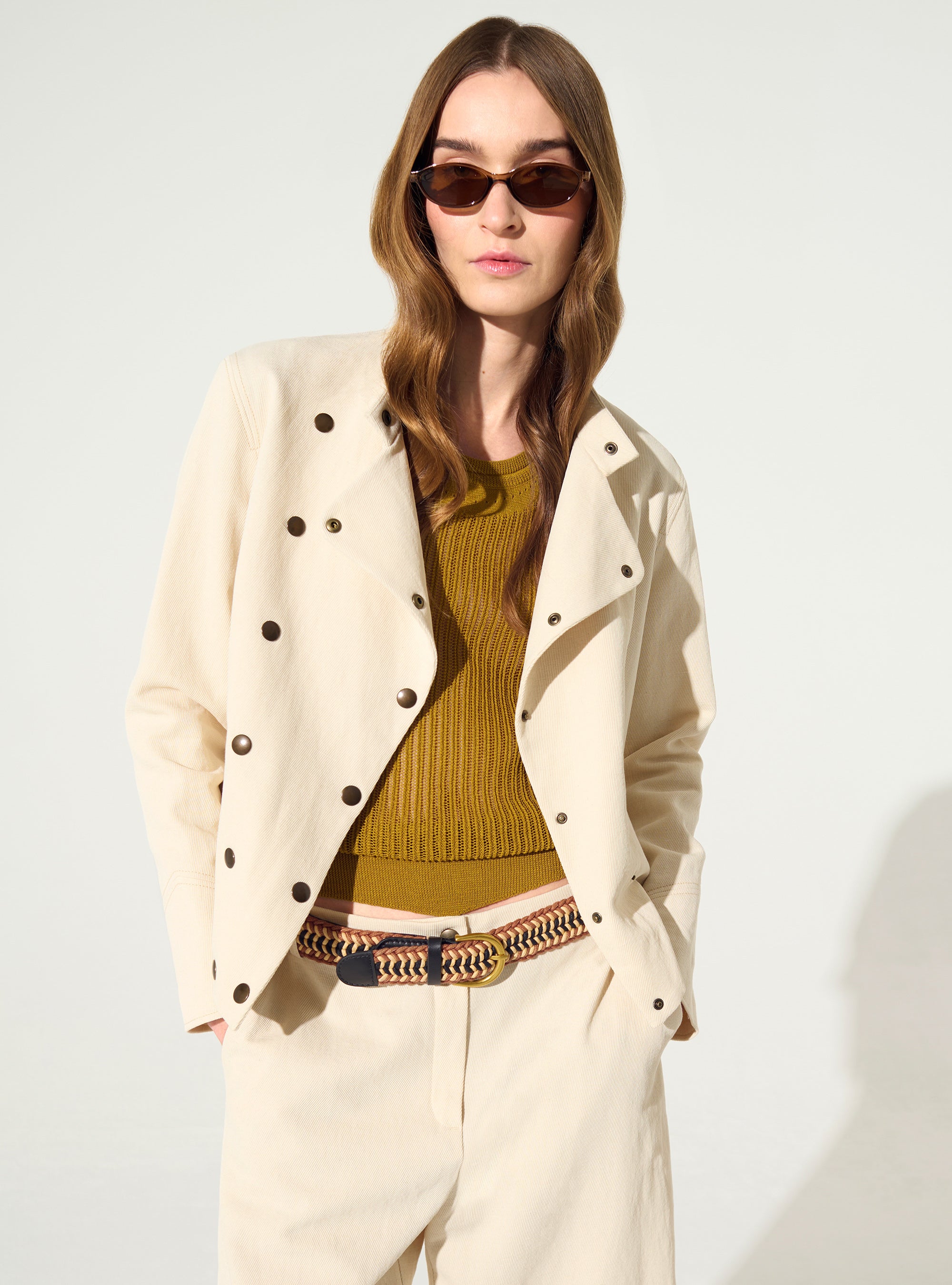 Fitted printed jacket in cotton and white linen