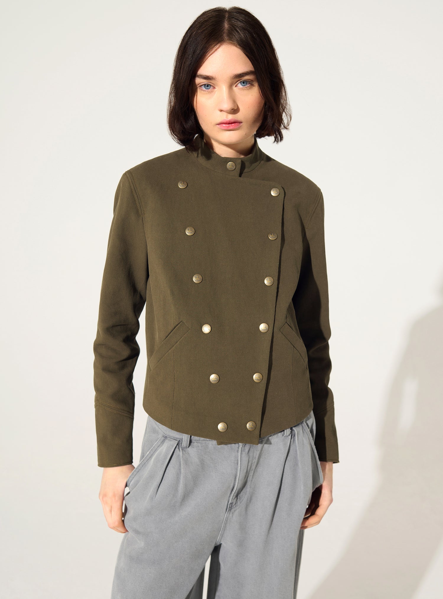 Fitted officer-style jacket in cotton and green linen