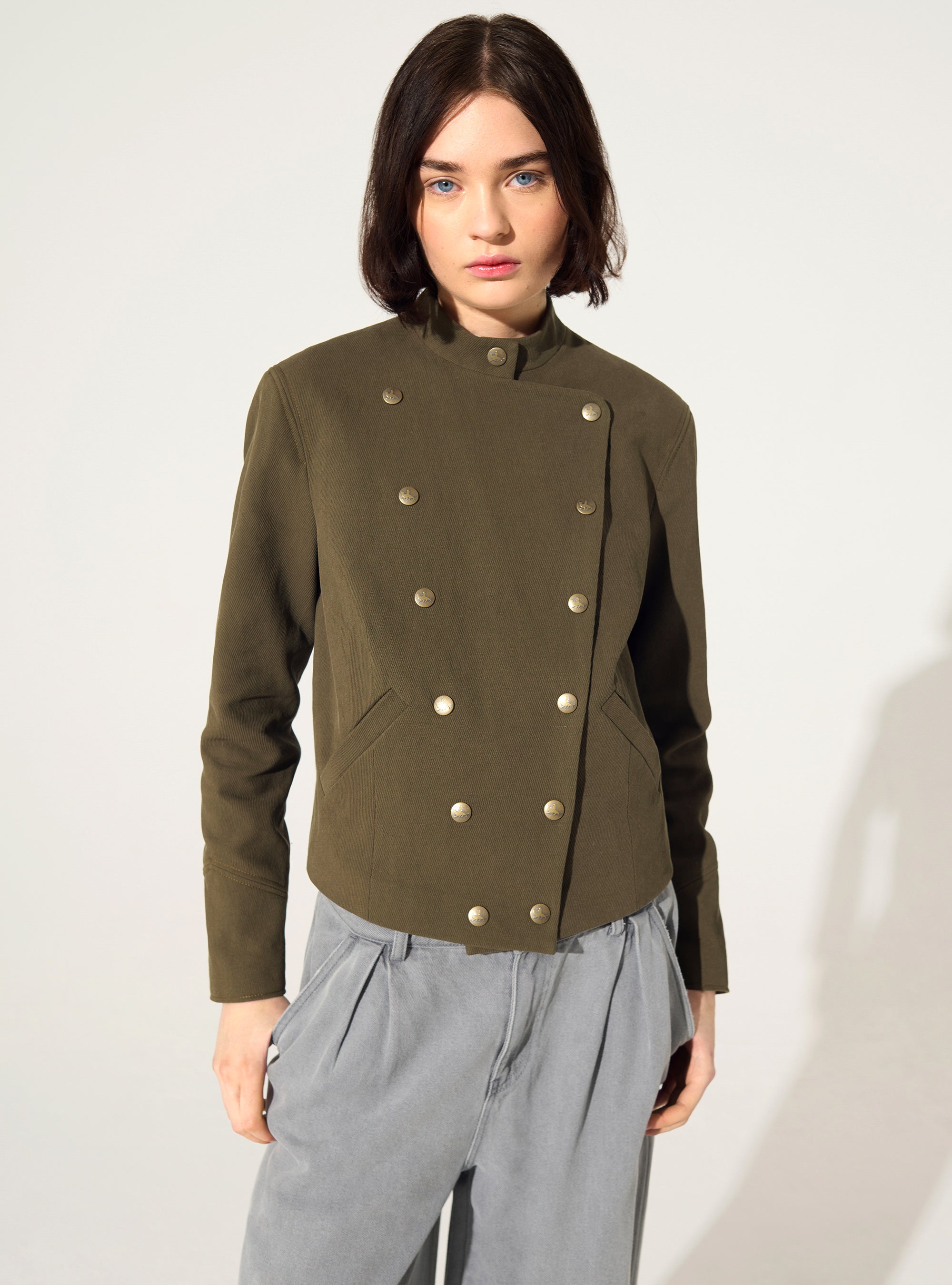 Fitted officer-style jacket in cotton and green linen
