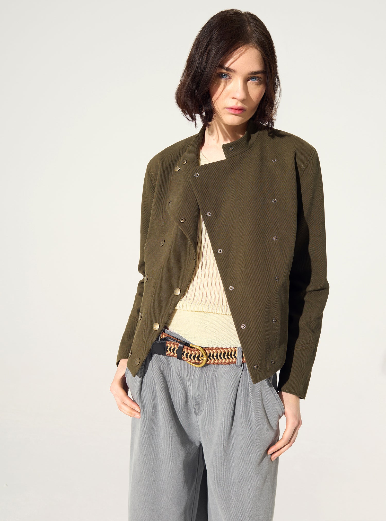 Fitted officer-style jacket in cotton and green linen