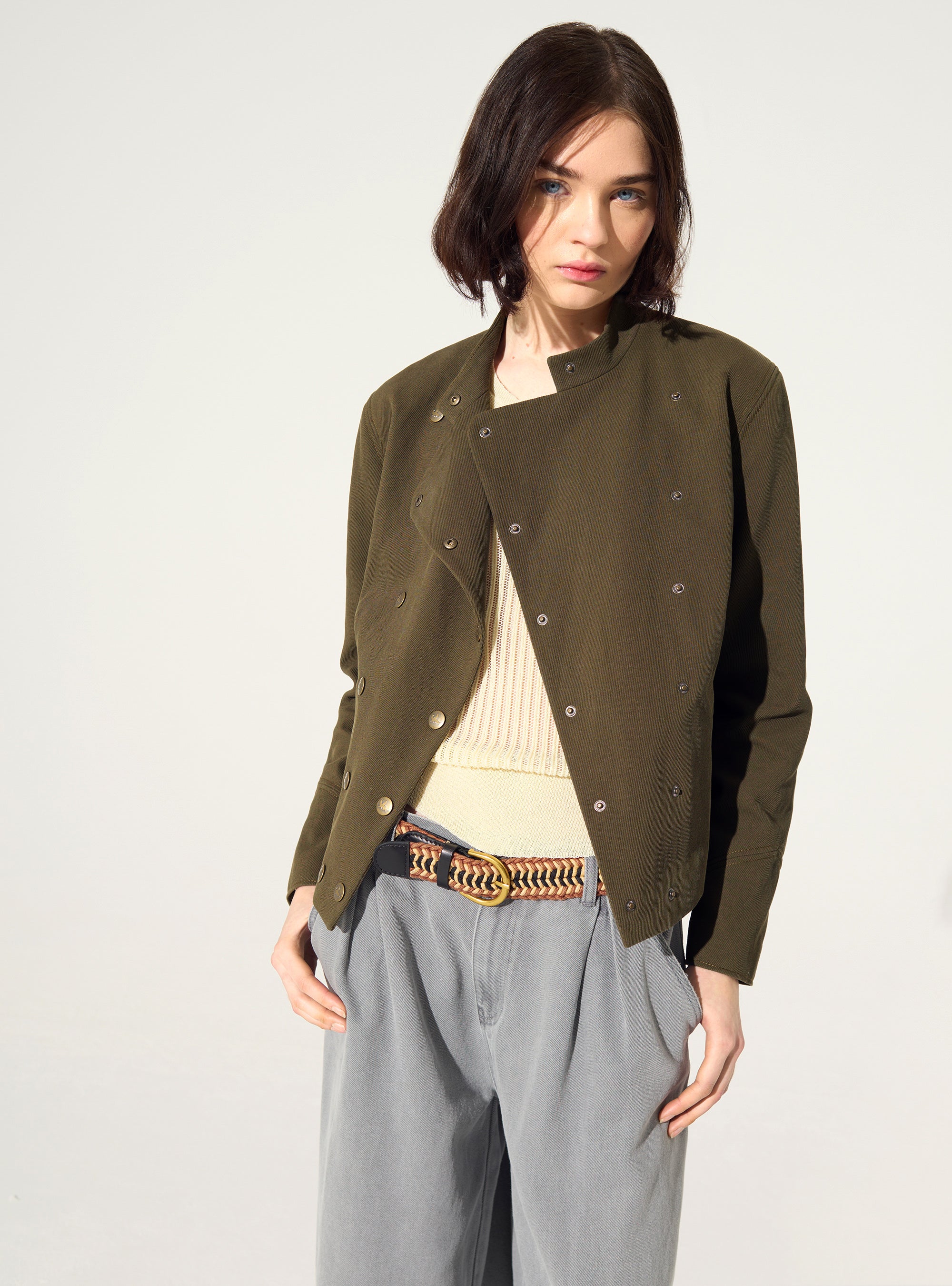 Fitted officer-style jacket in cotton and green linen
