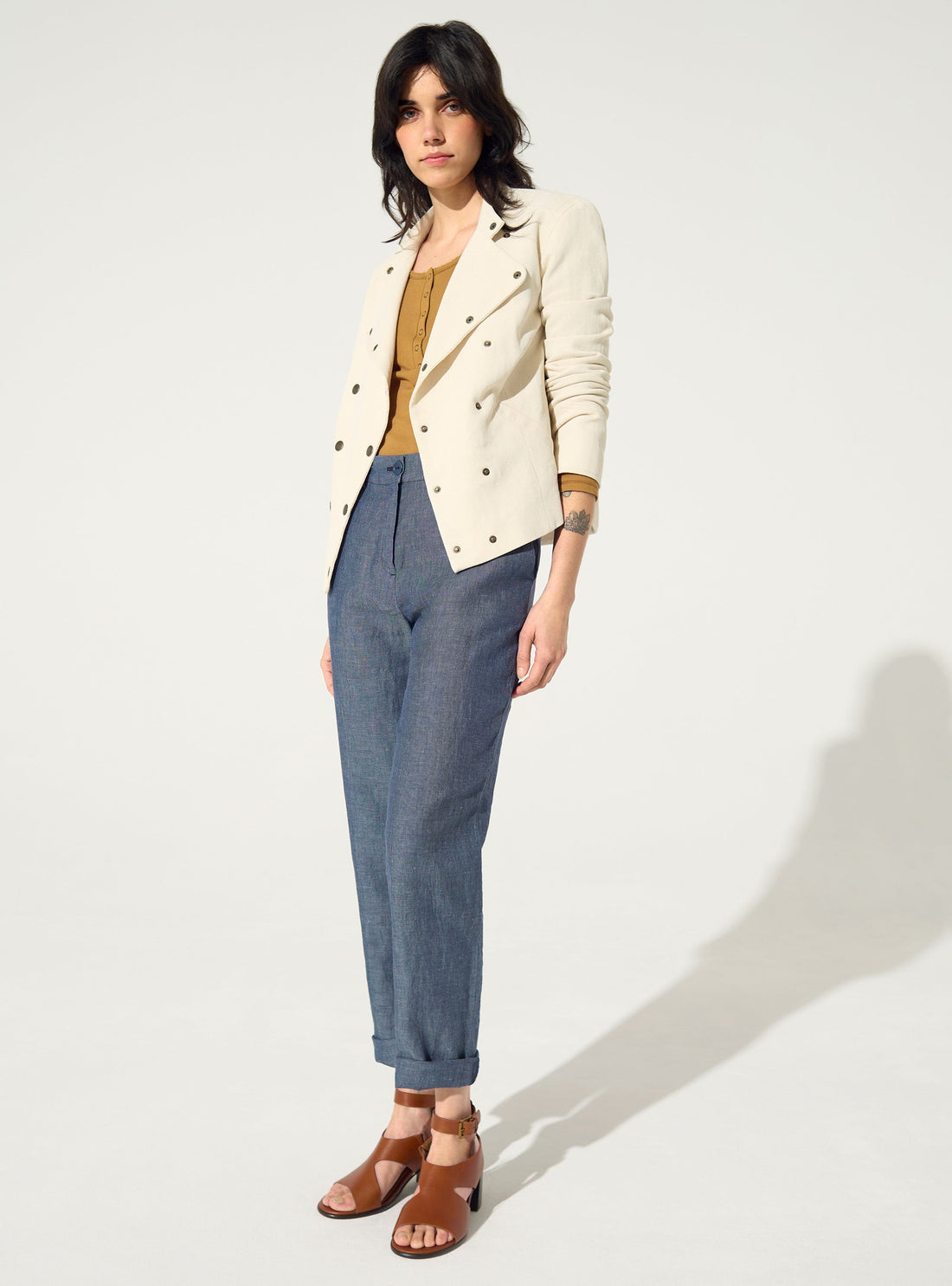 Straight trousers in linen and blue cotton