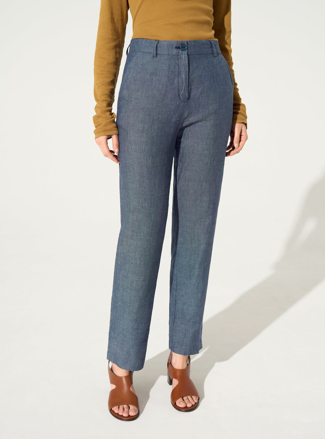 Straight trousers in linen and blue cotton
