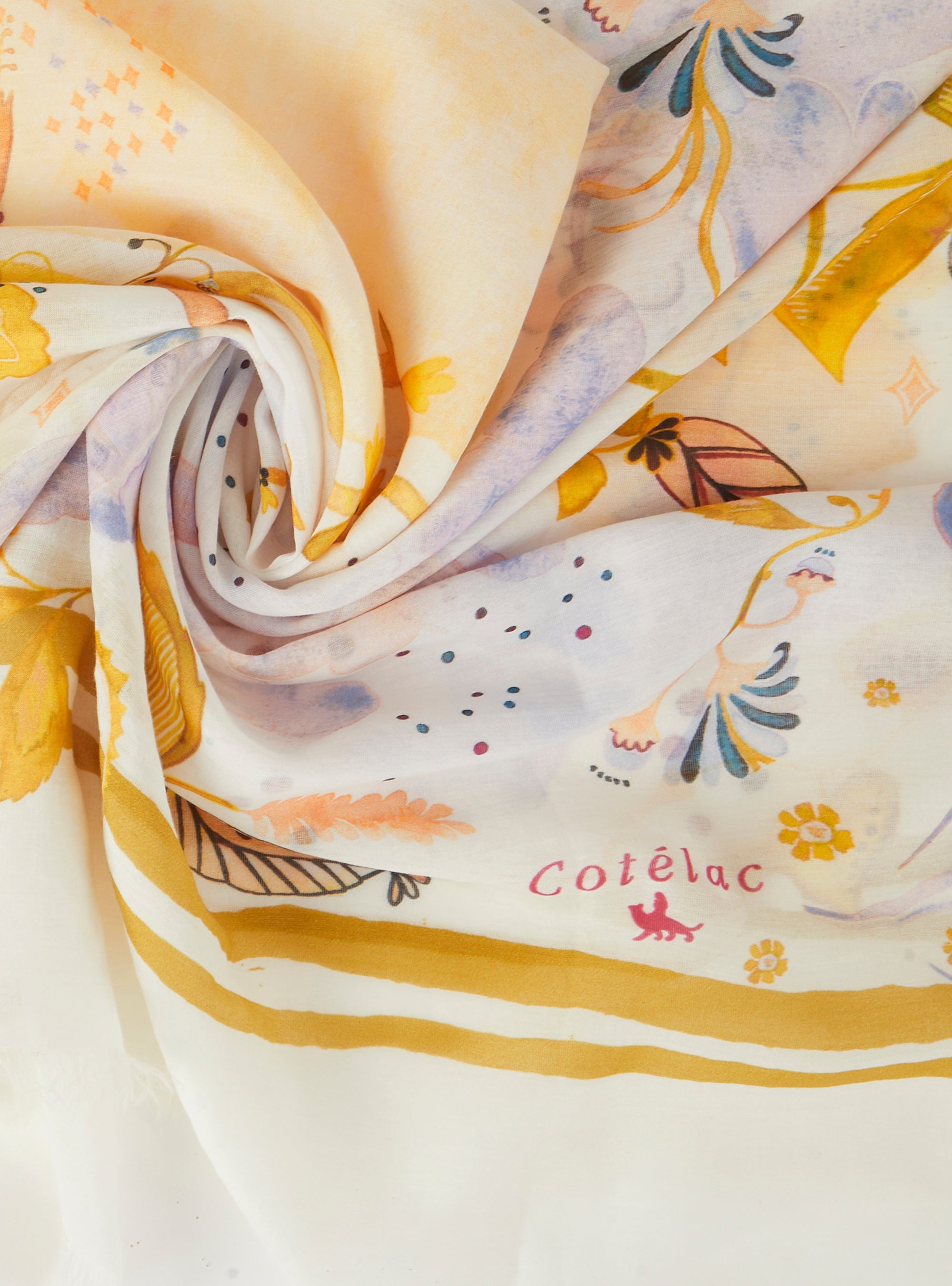 Printed scarf in ecru cotton and silk