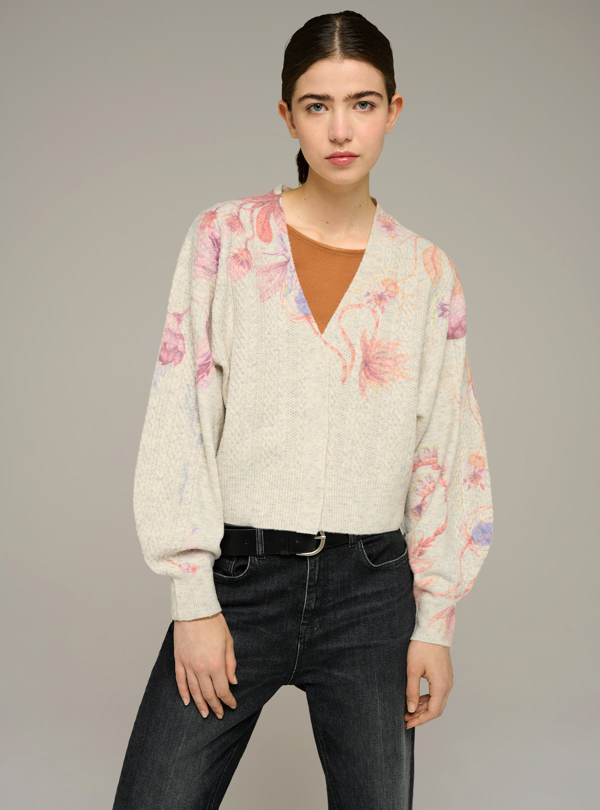Printed long-sleeve V-neck cardigan