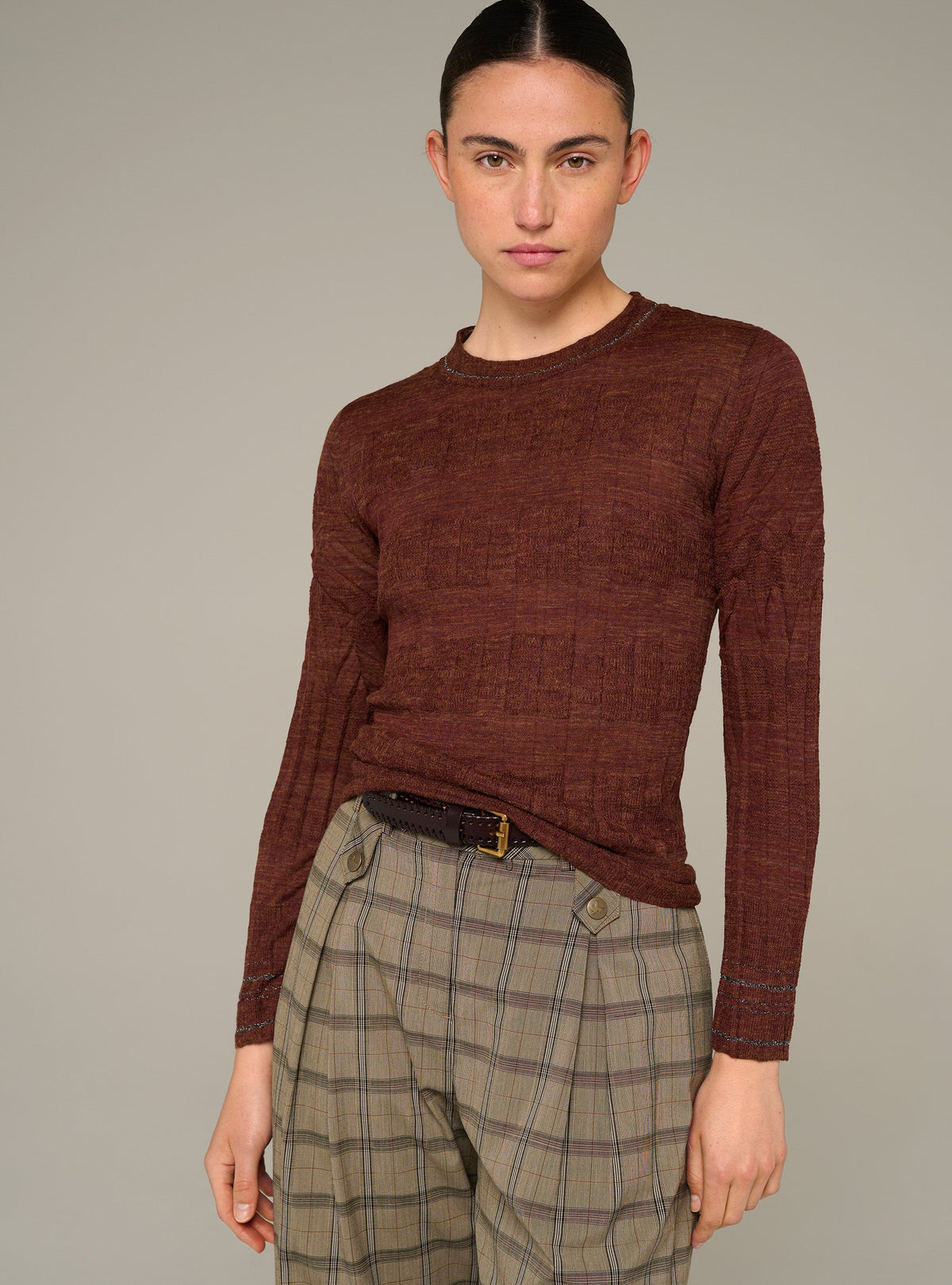Cotélac Pleated fitted long-sleeve crewneck sweater