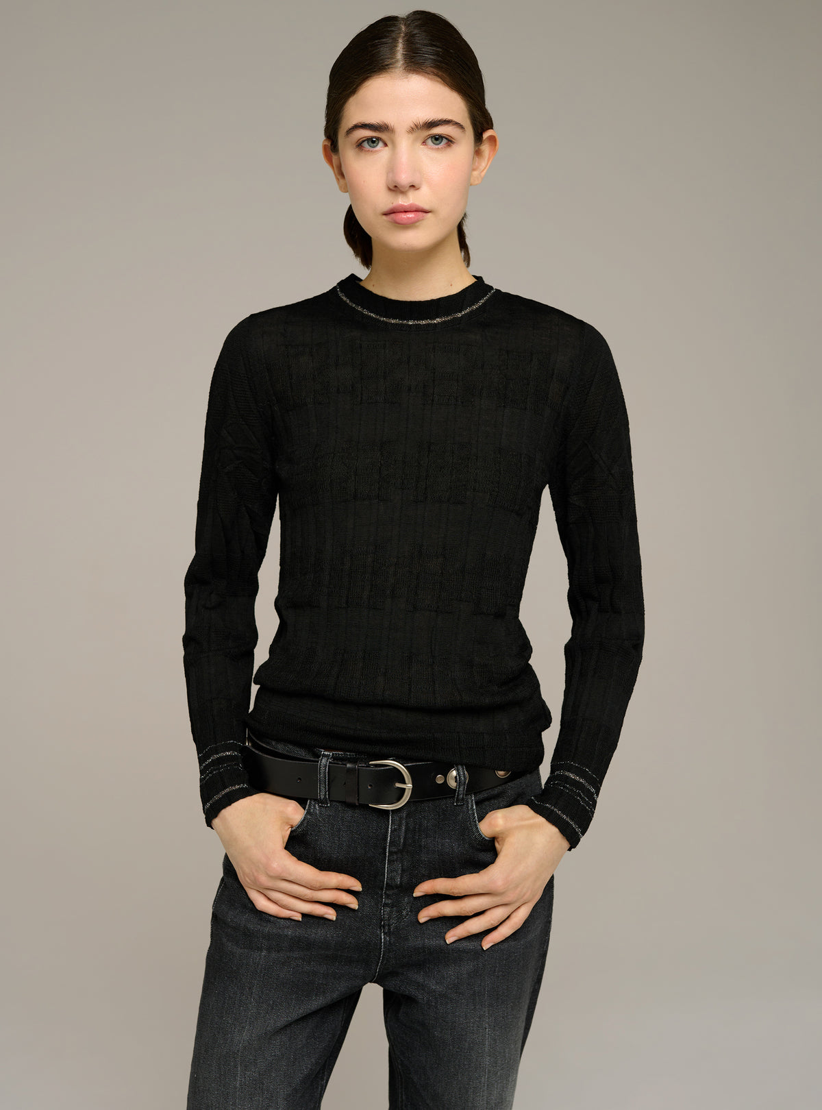 Pleated fitted long-sleeve crewneck sweater